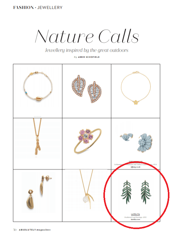 For the nature inspired jewellery lover, Latelita green leaf earrings spotted in Absolutely Magazine - LATELITA