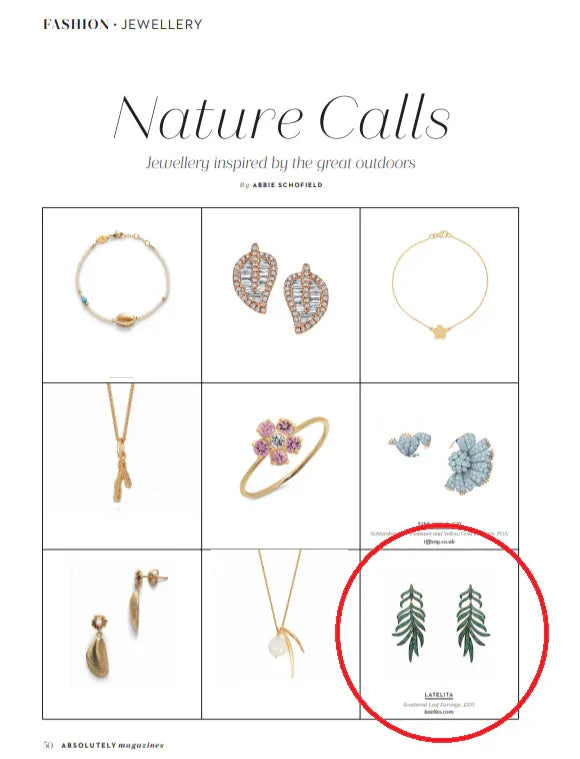 For the nature inspired jewellery lover, Latelita green leaf earrings spotted in Absolutely Magazine - LATELITA