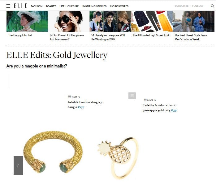 Spotted our pineapple ring and stingray cuff as seen on Elle UK - LATELITA