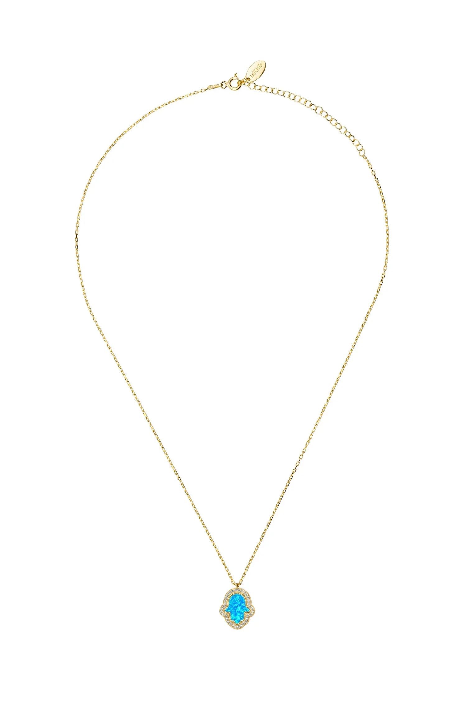 Blue opal hamsa hand gold necklace.