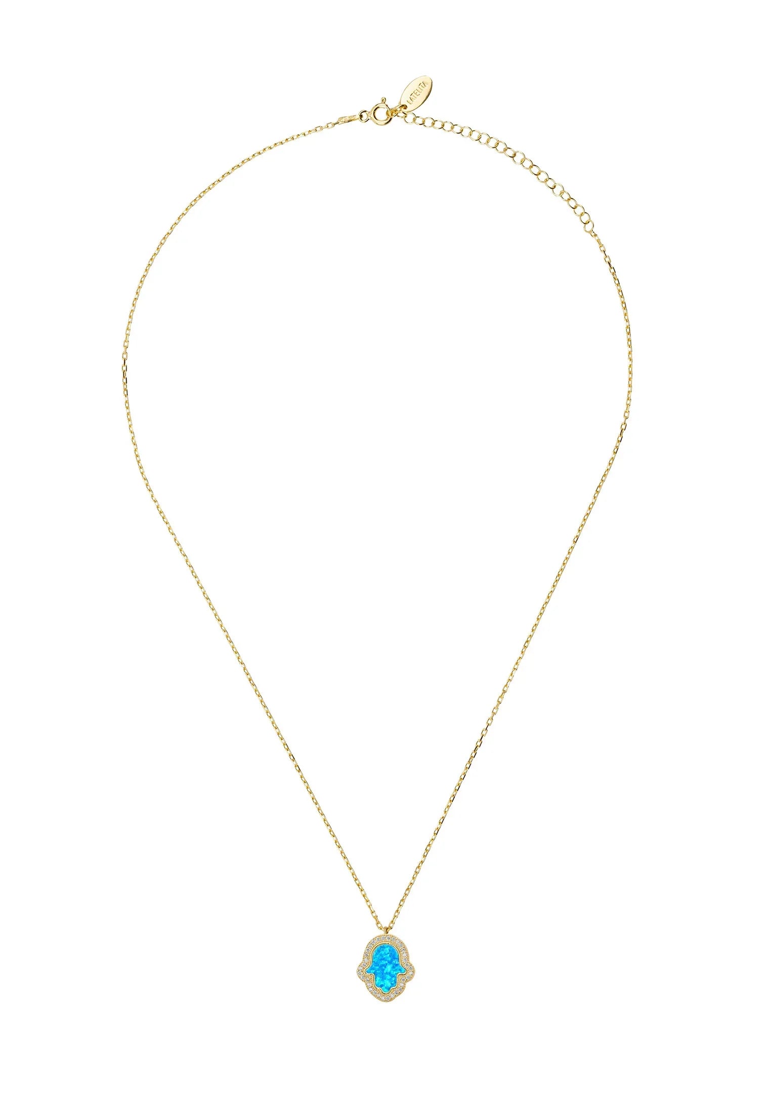 Blue opal hamsa hand gold necklace.