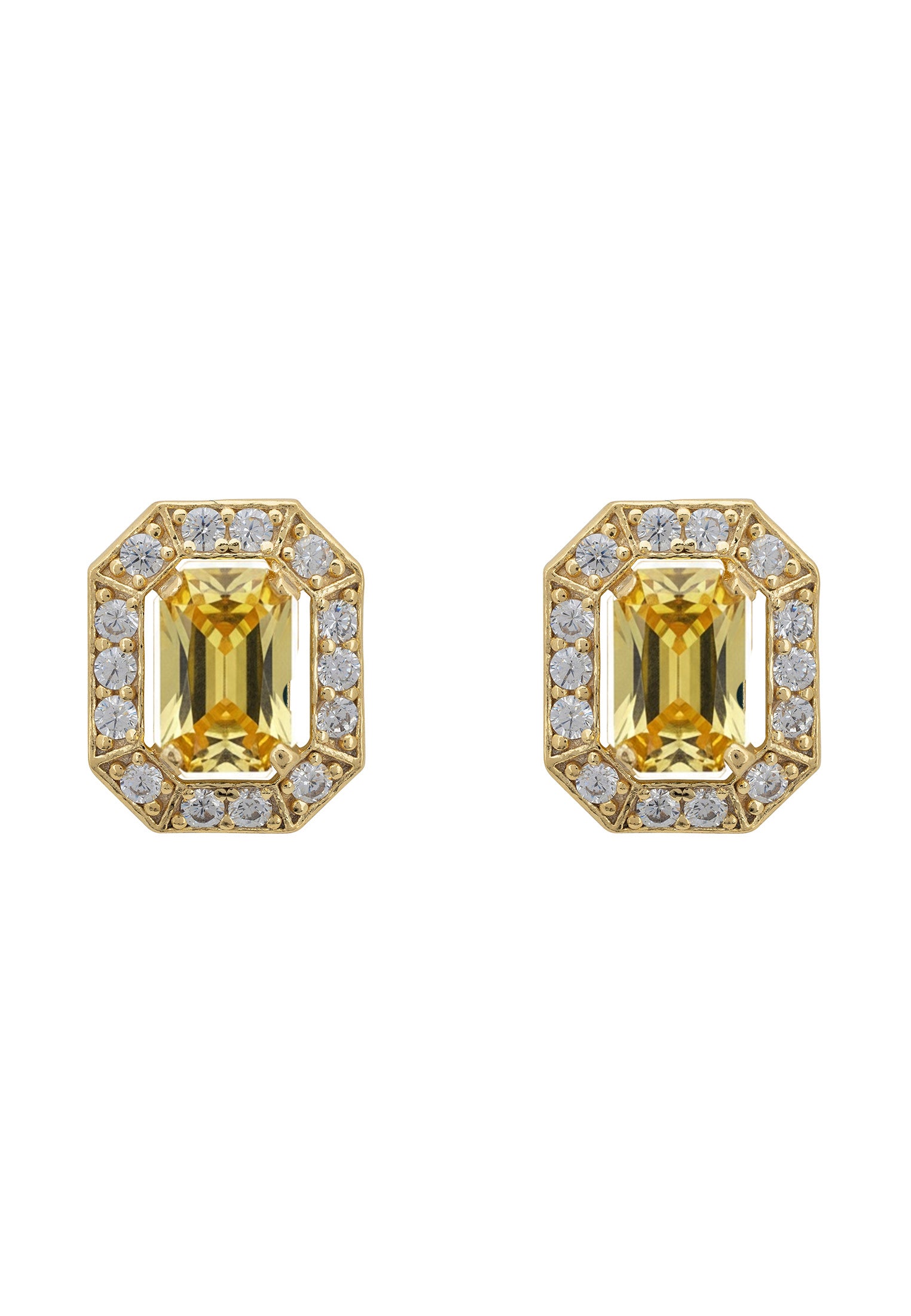 Pair of gold earrings with green gemstones and diamond accents on a white background