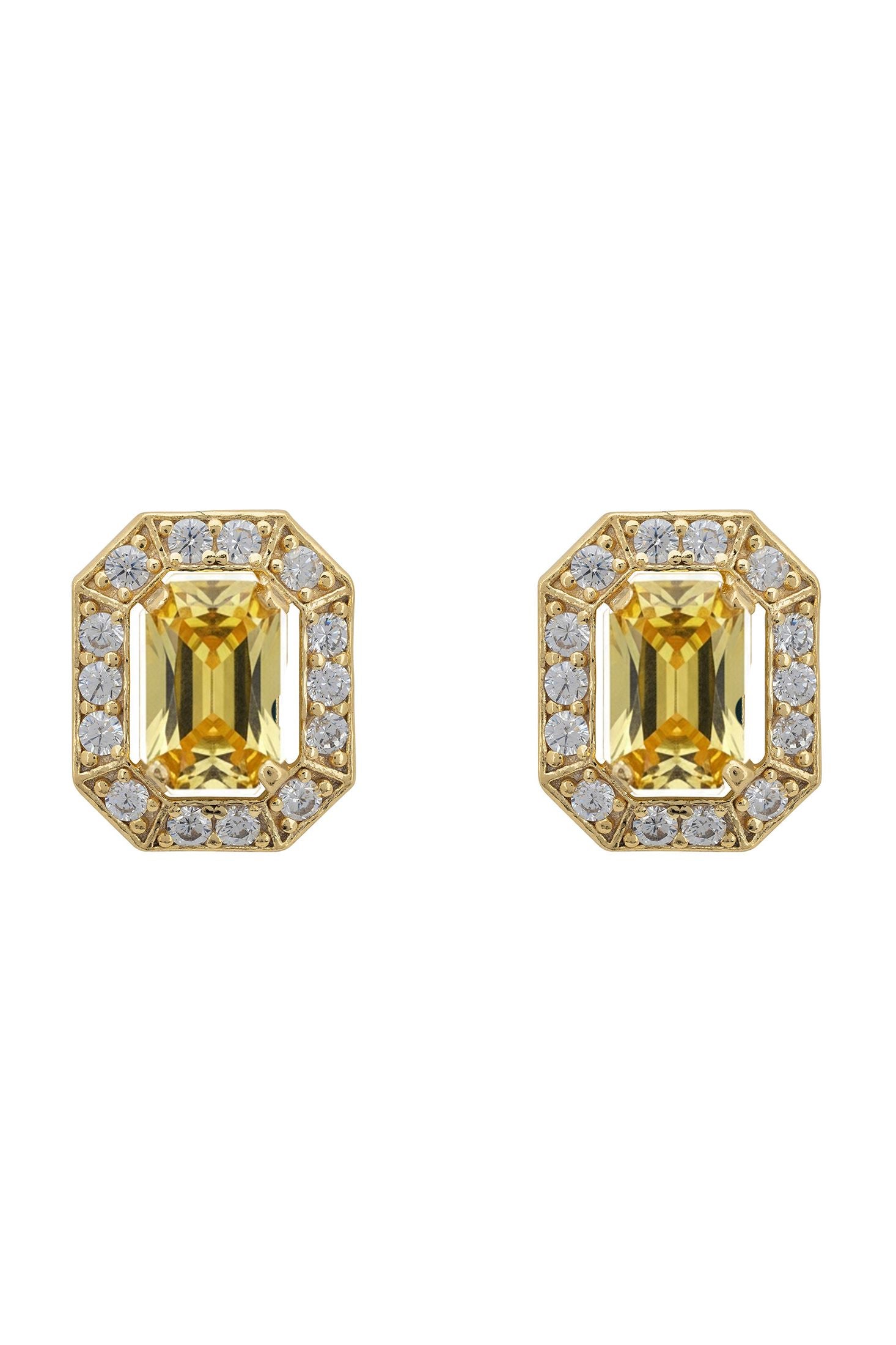 Pair of gold earrings with green gemstones and diamond accents on a white background