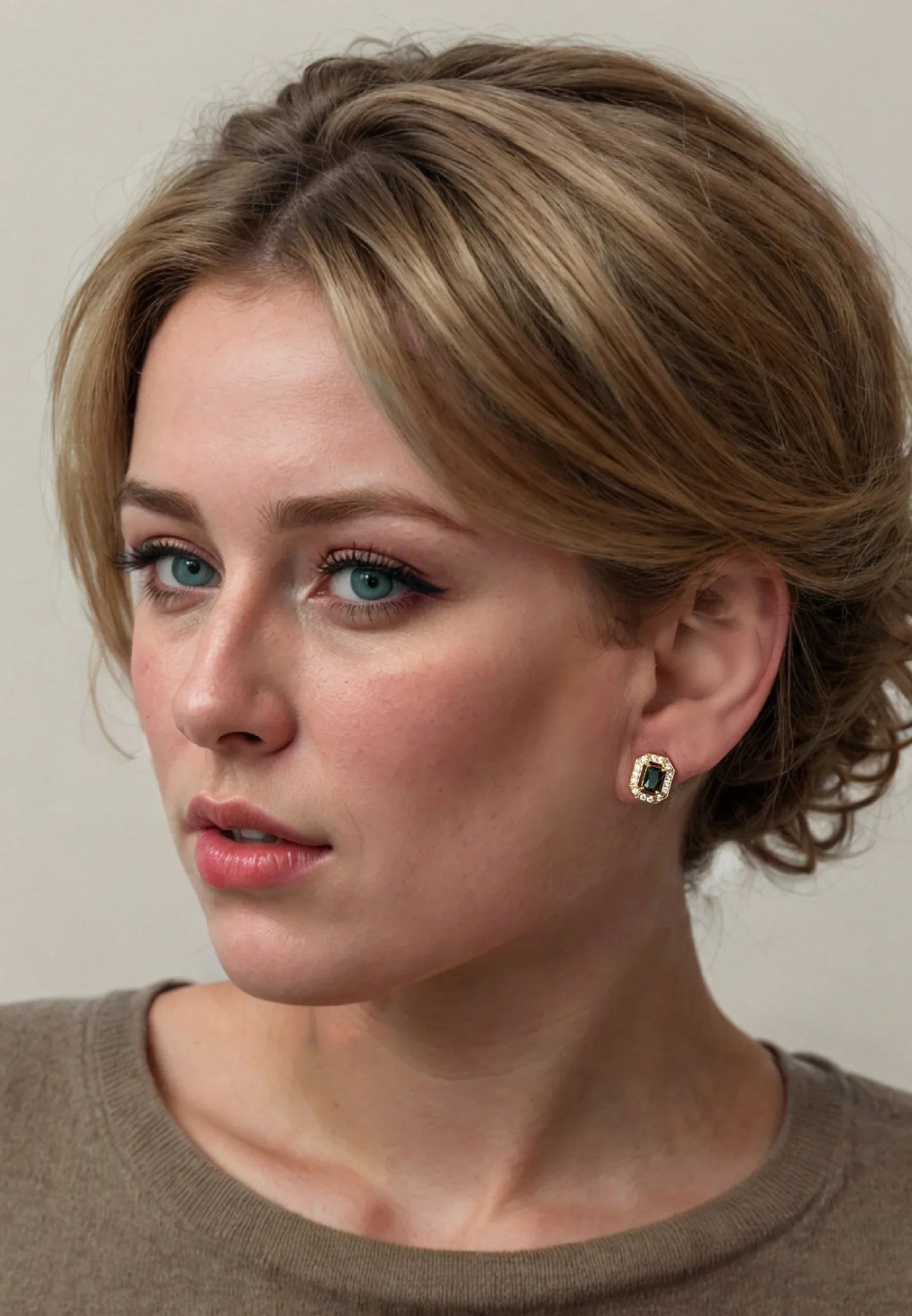 The earring worn by a model.