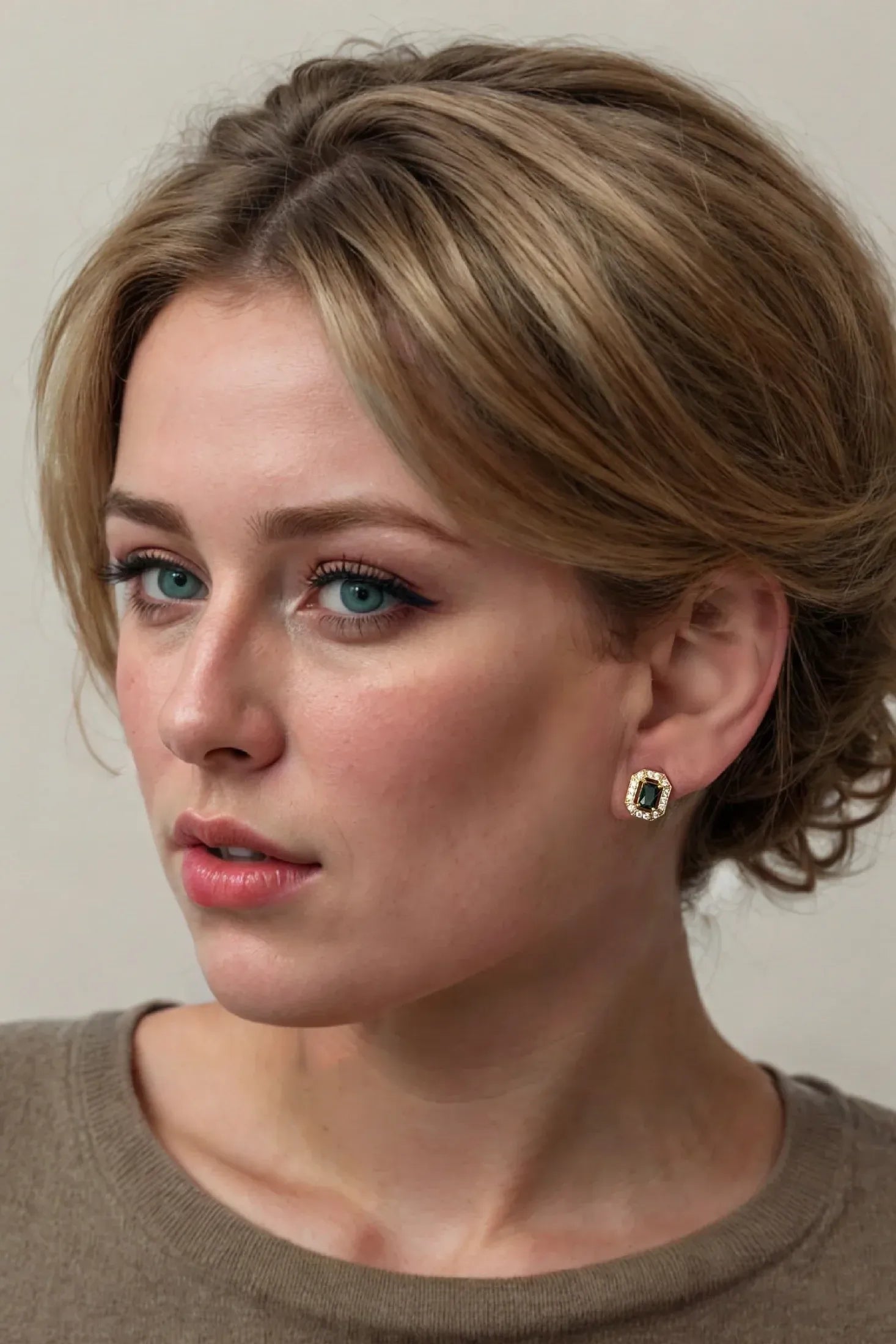 The earring worn by a model.