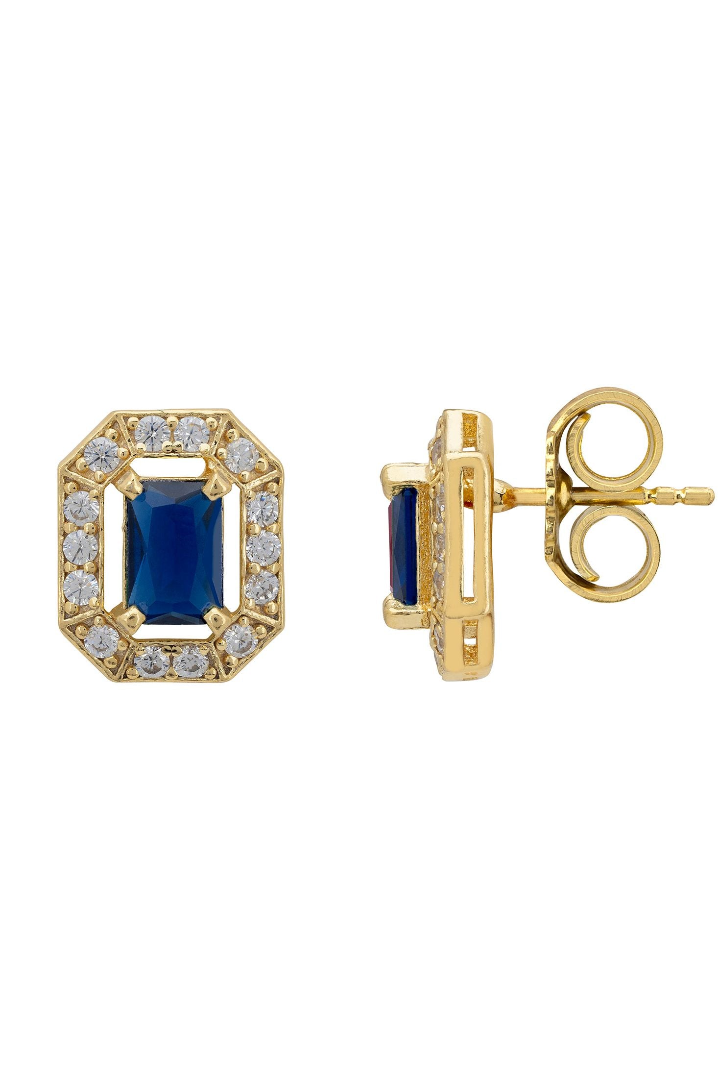 Gold earrings with blue gemstones and diamond accents on a white background