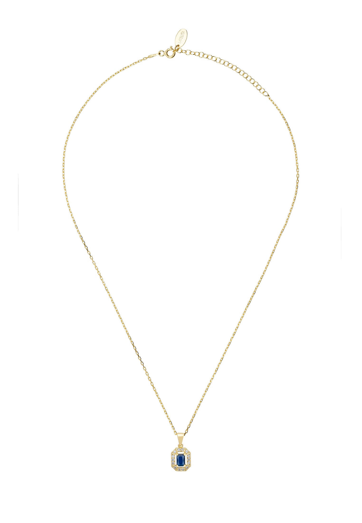 Gold necklace with a blue pendant on a white background