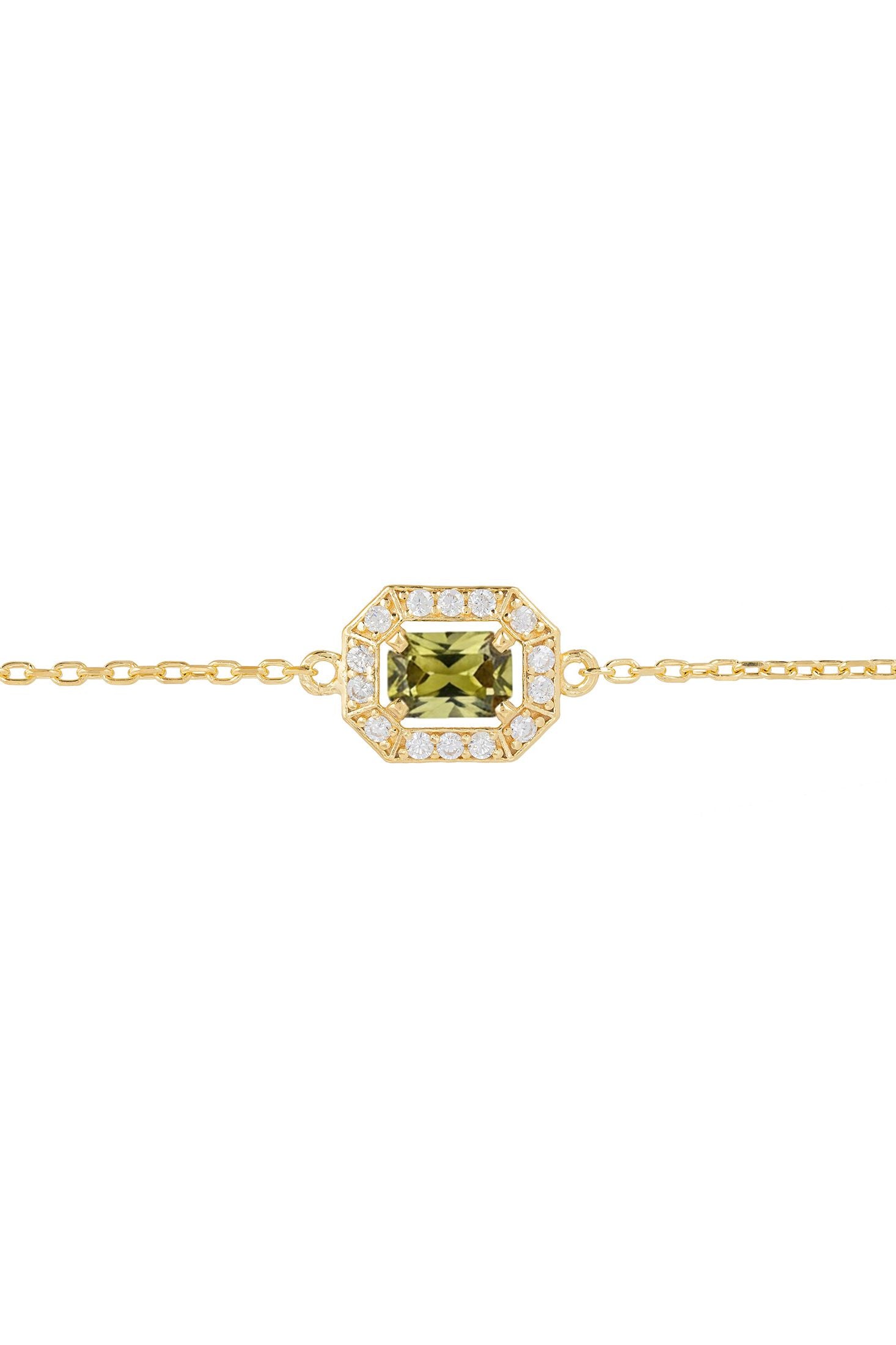 Gold bracelet with a green gemstone and diamond accents on a white background