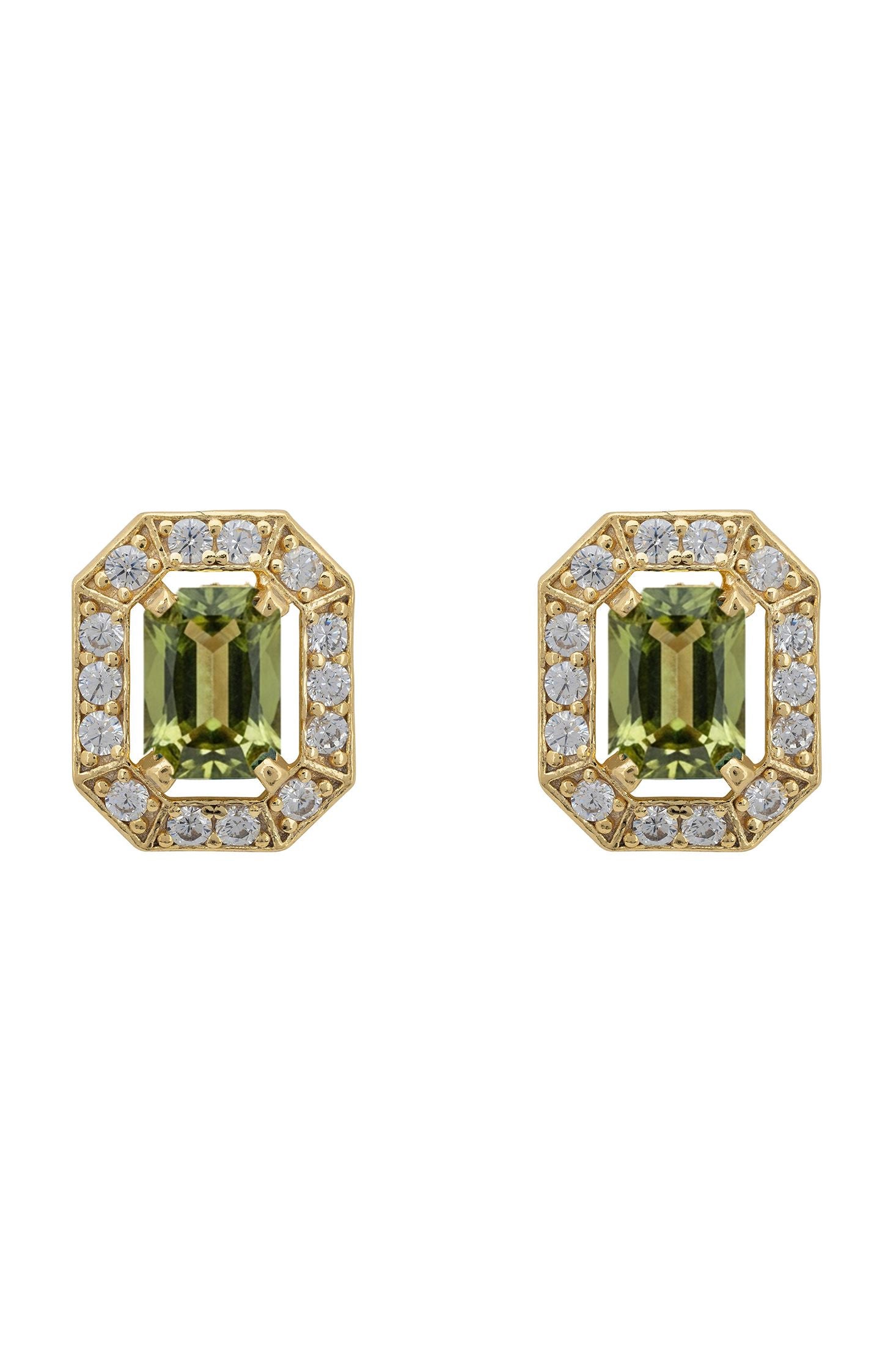 Pair of gold earrings with green gemstones on a white background