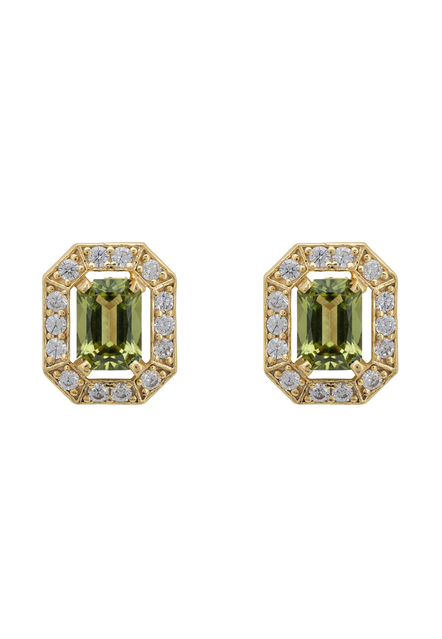 Pair of gold earrings with green gemstones on a white background