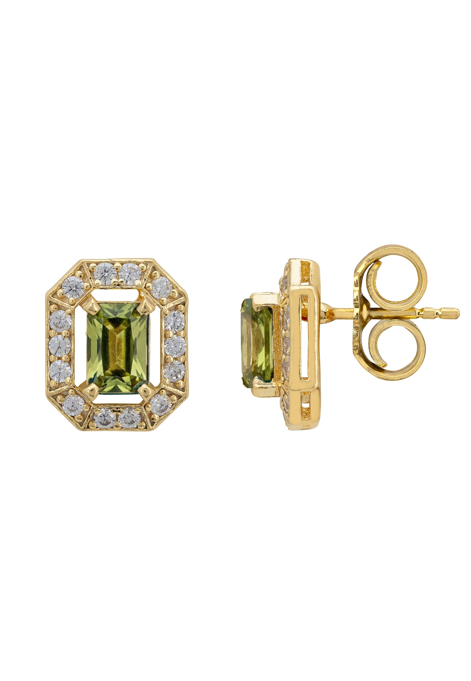 Gold earrings with green gemstones on a white background