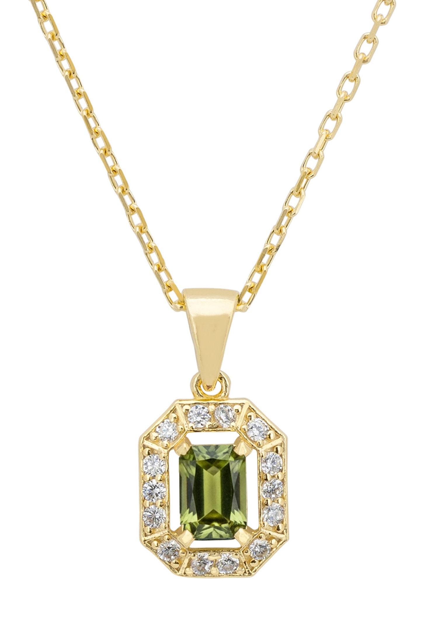 Gold pendant with a green gemstone and diamond accents on a white background