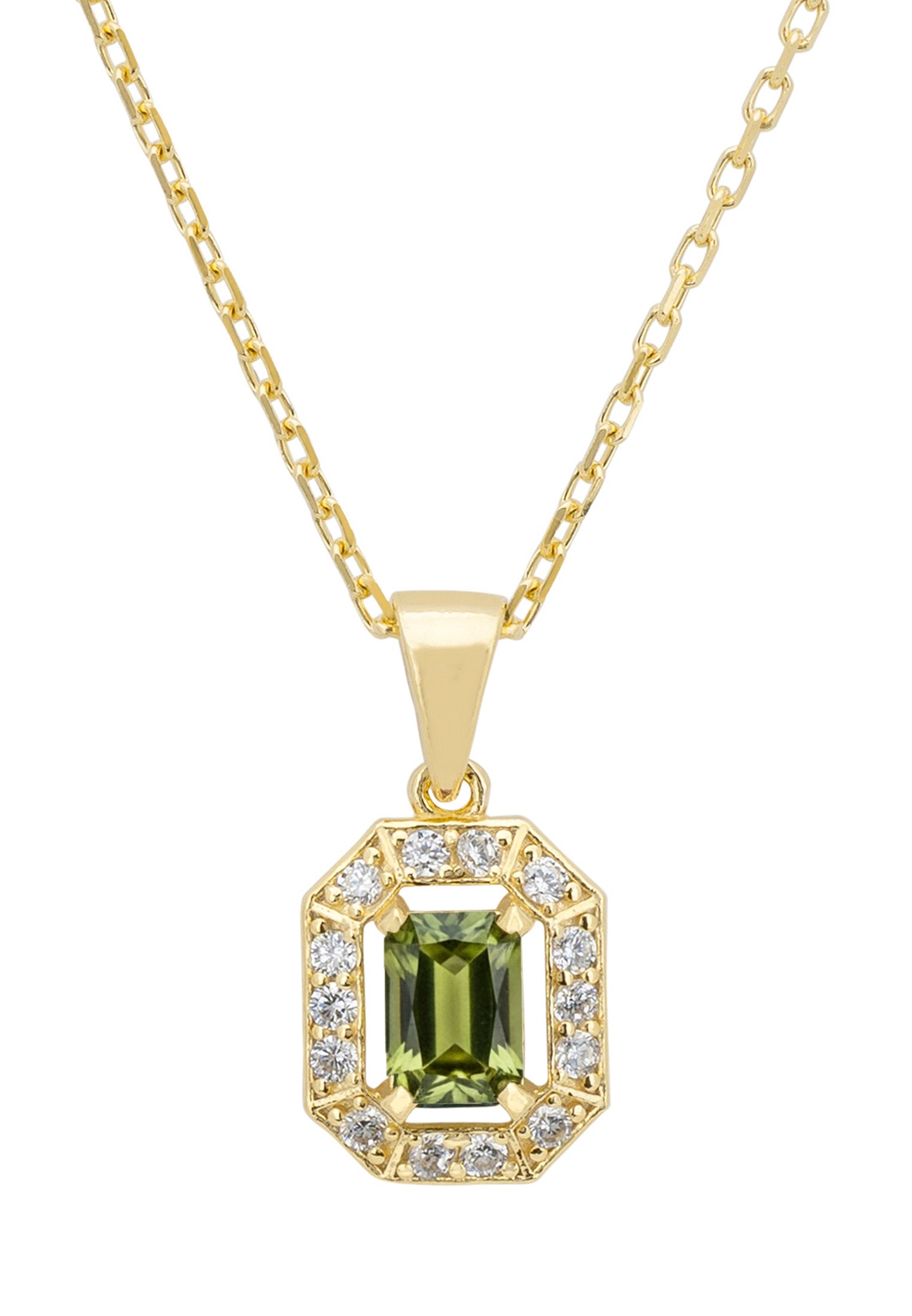 Gold pendant with a green gemstone and diamond accents on a white background