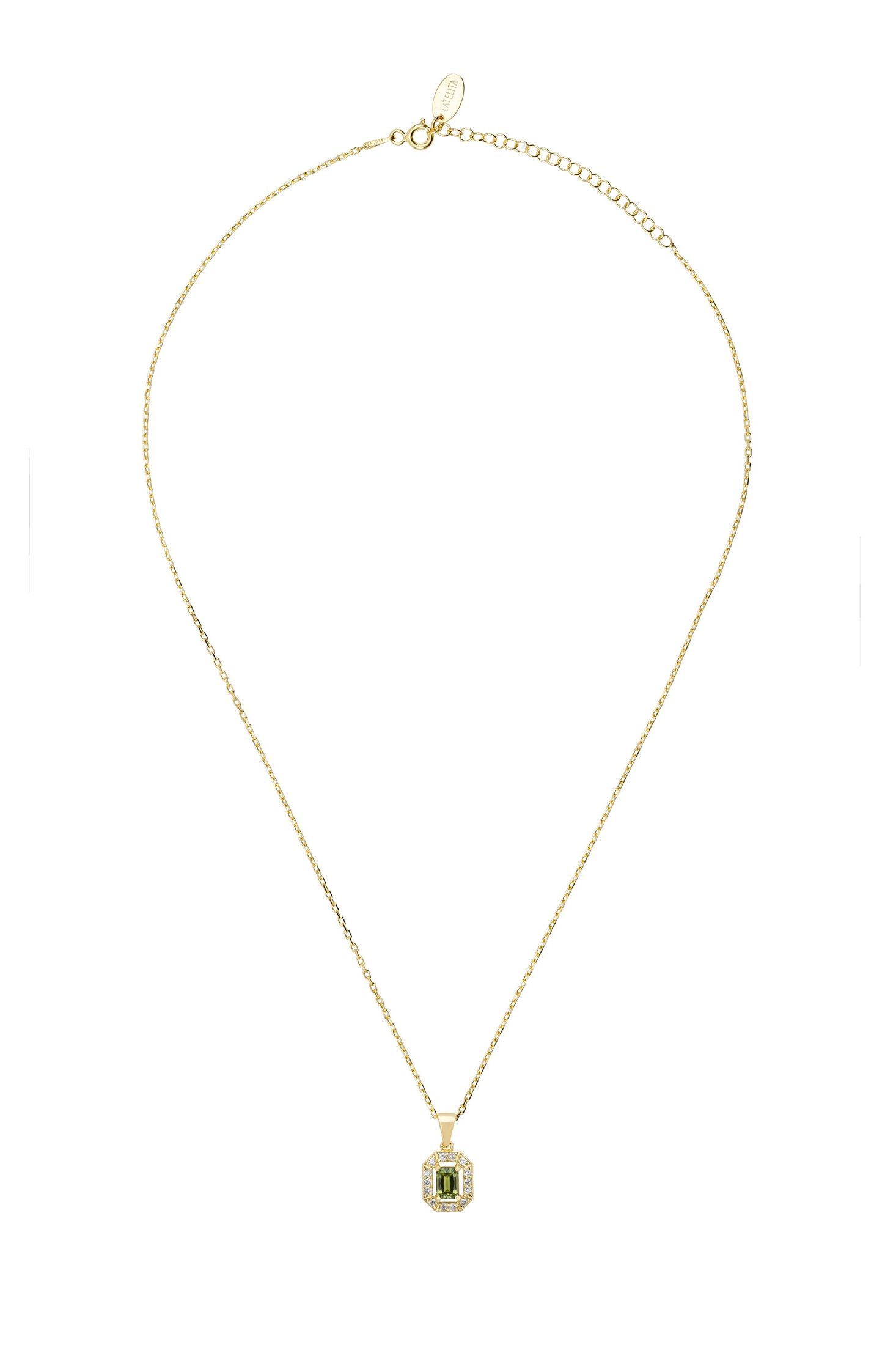 Gold necklace with a green pendant on a white background
