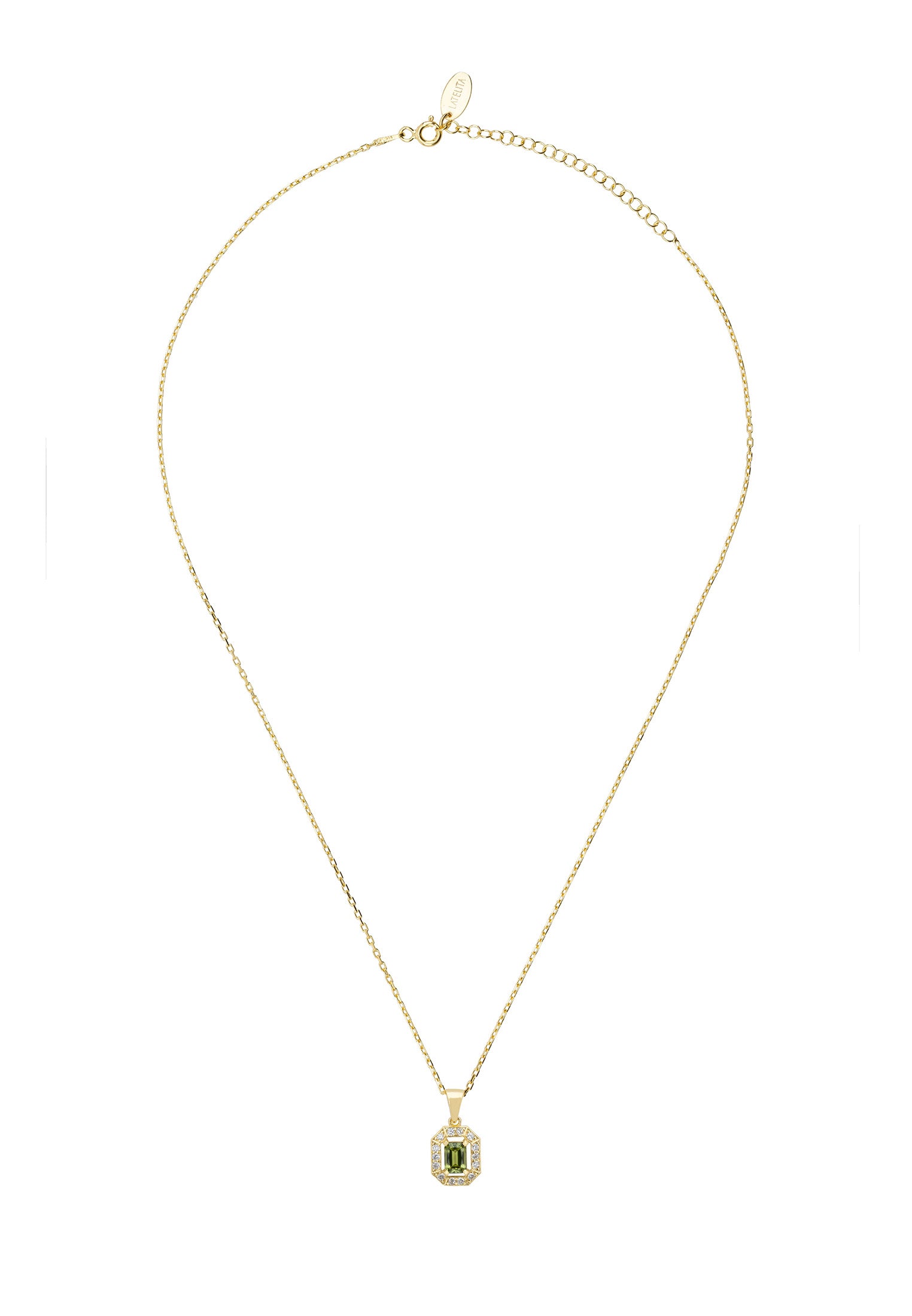 Gold necklace with a green pendant on a white background