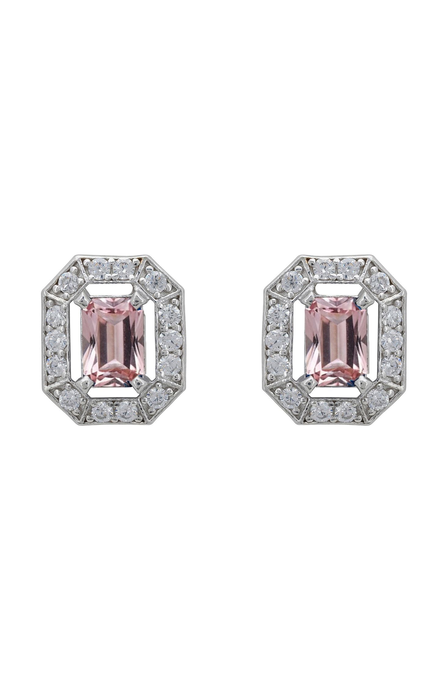 Pair of pink gemstone earrings with silver and clear stone accents on a white background