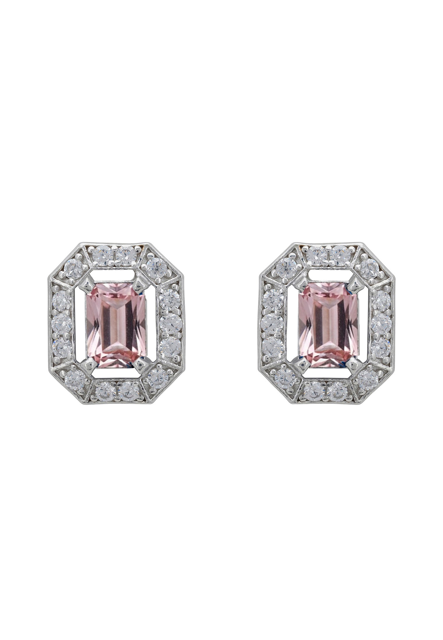 Pair of pink gemstone earrings with silver and clear stone accents on a white background