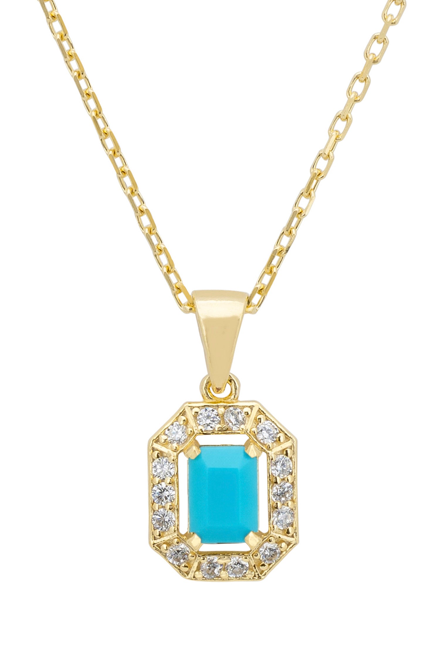 Gold necklace with a turquoise pendant on a white background