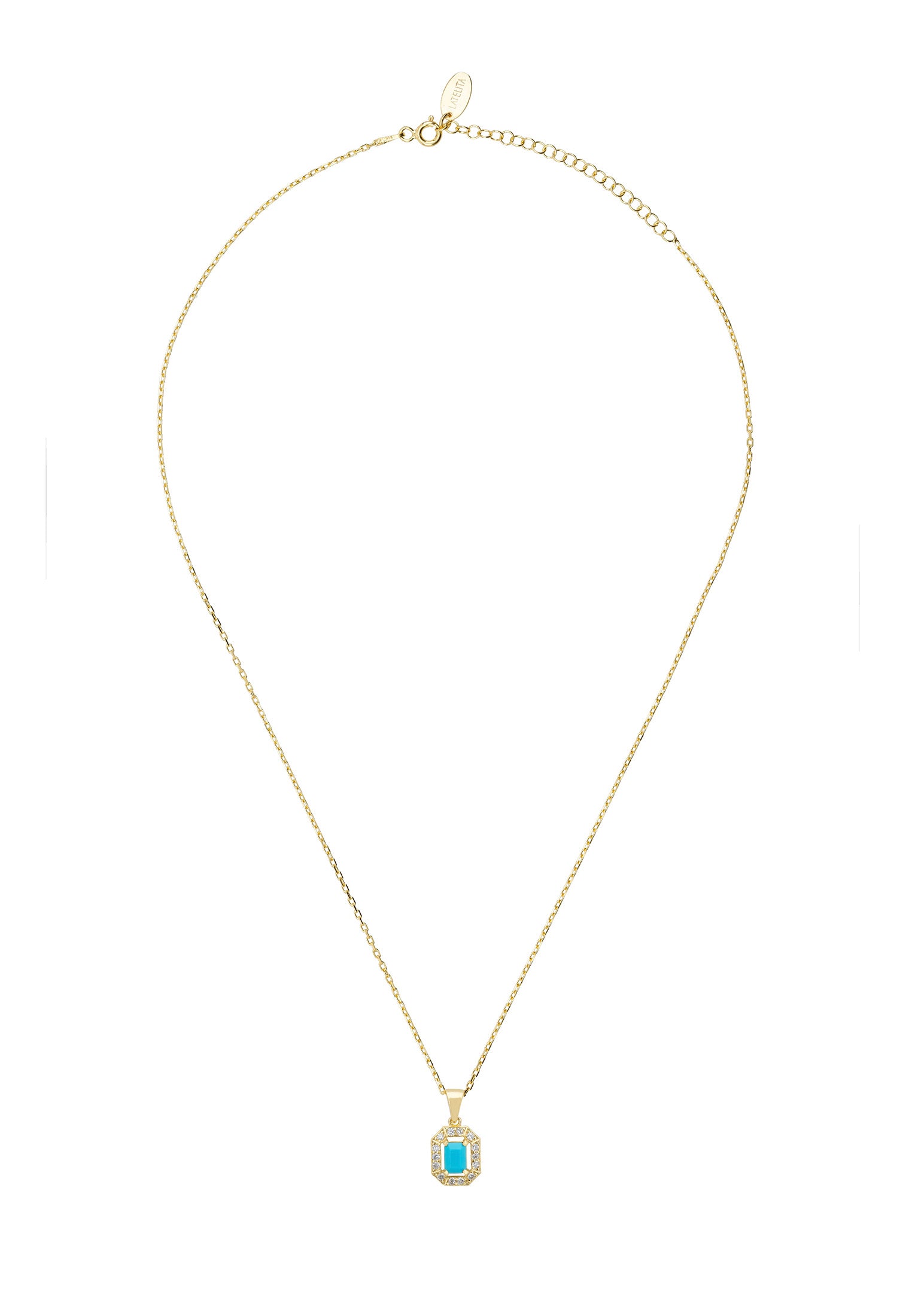 Gold necklace with a turquoise pendant on a white background