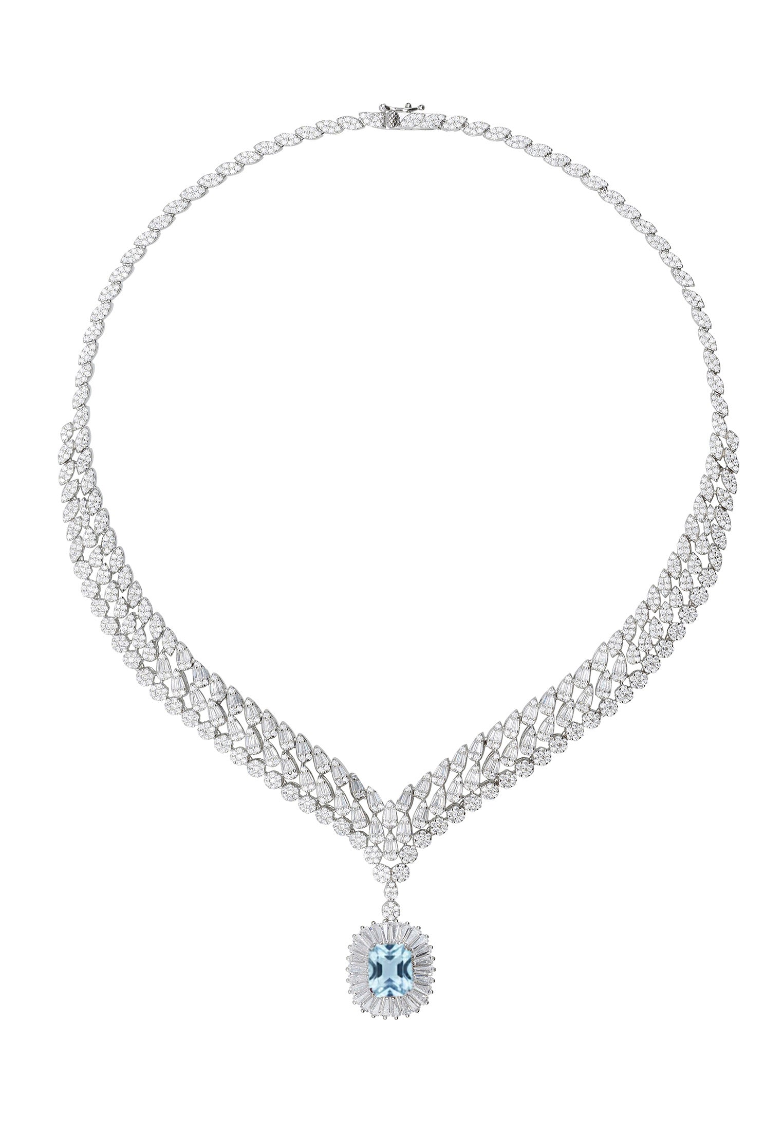 Elegant diamond necklace with a central blue gemstone on a white background