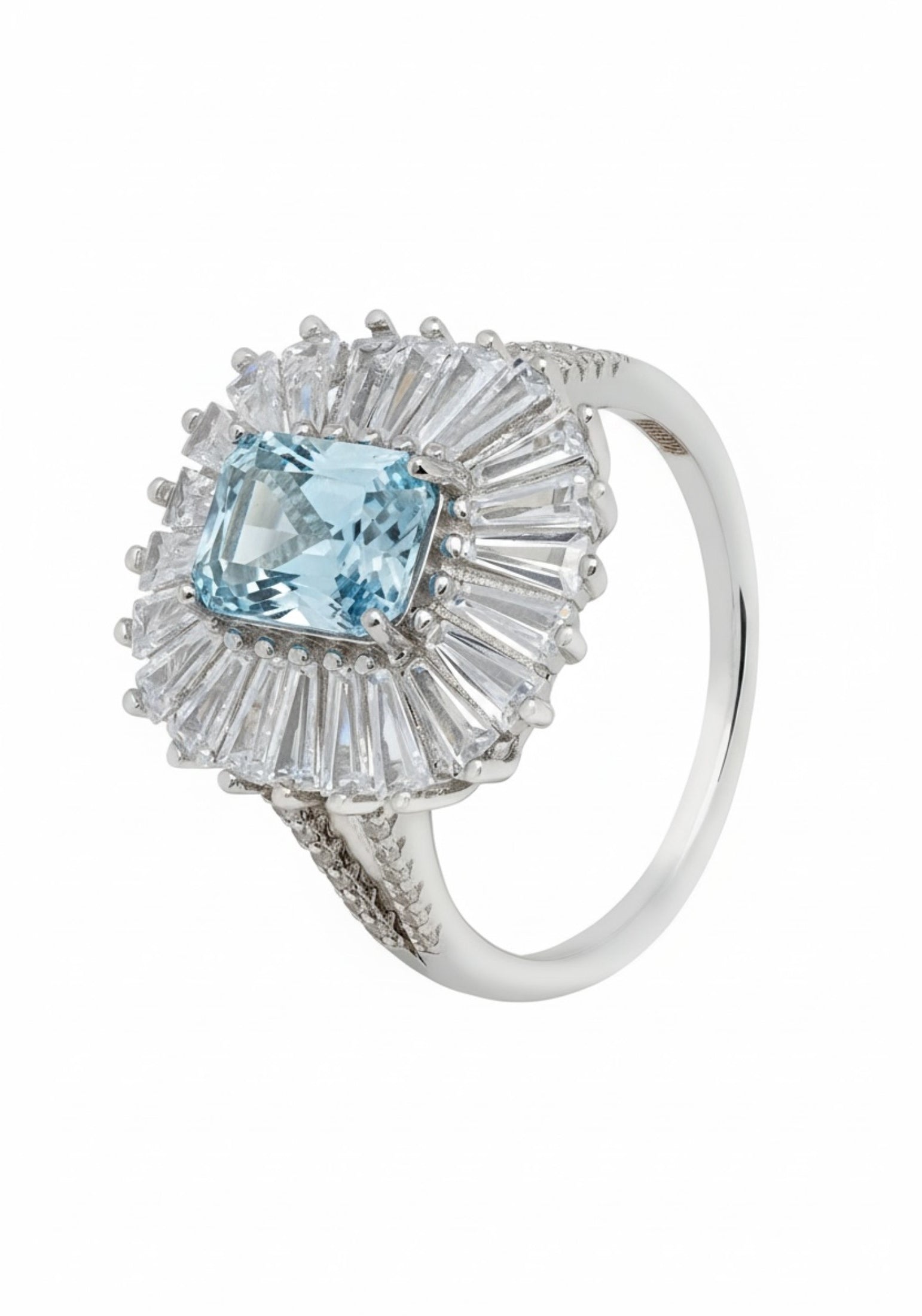 Silver ring with a blue gemstone and diamond accents on a white background