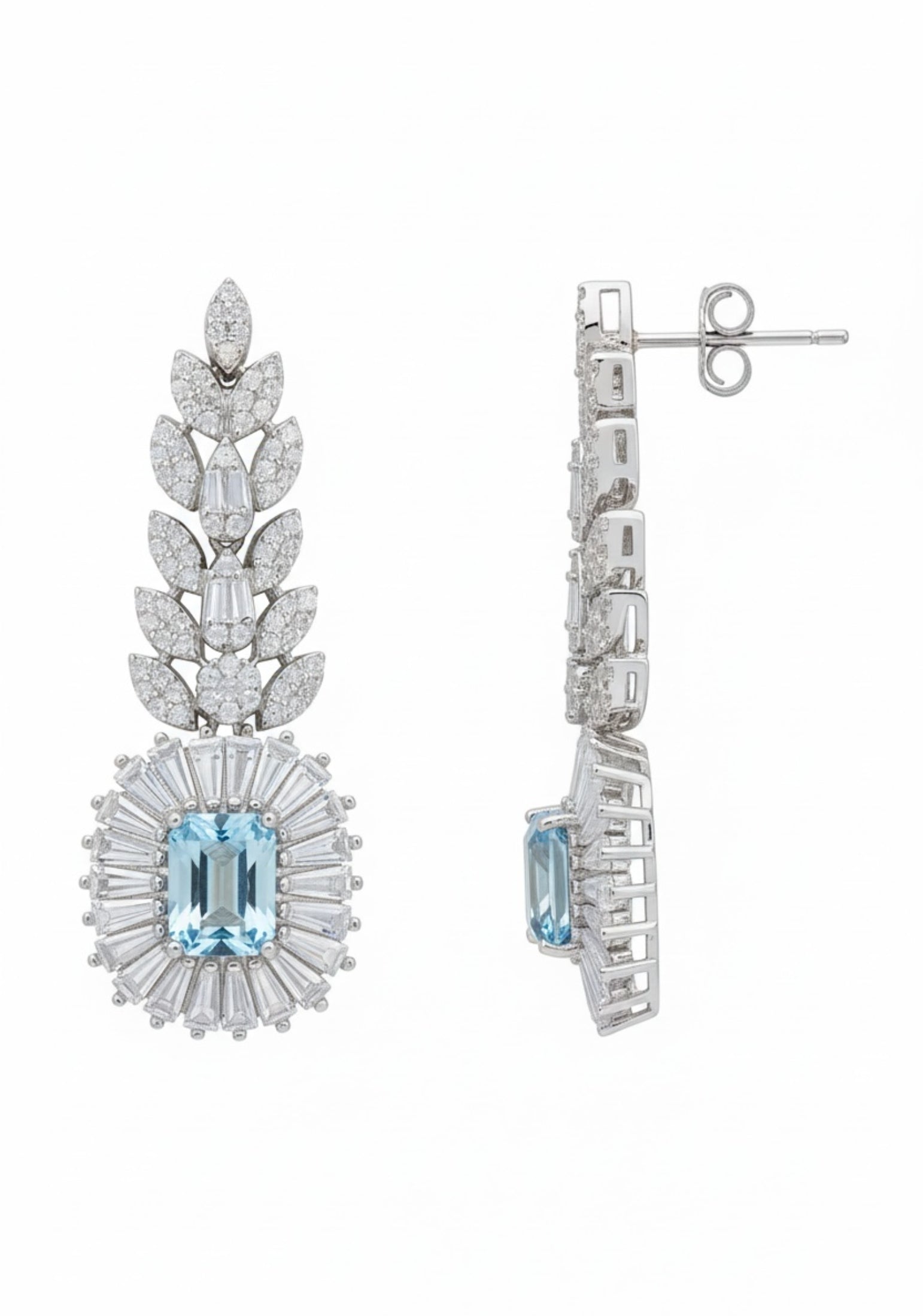 Elegant silver earrings with blue gemstones on a white background