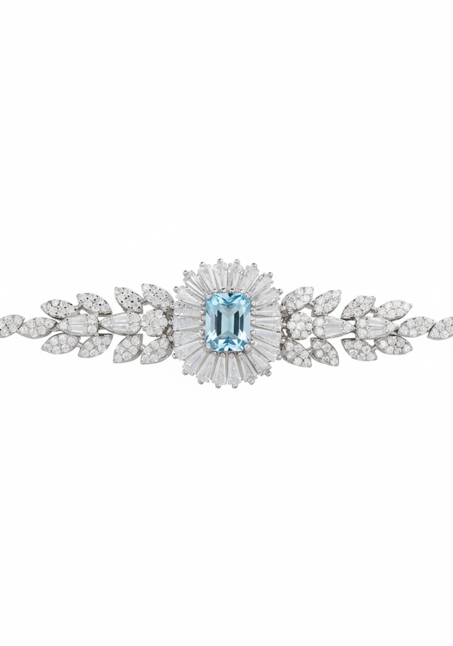 Diamond bracelet with a central blue gemstone on a white background