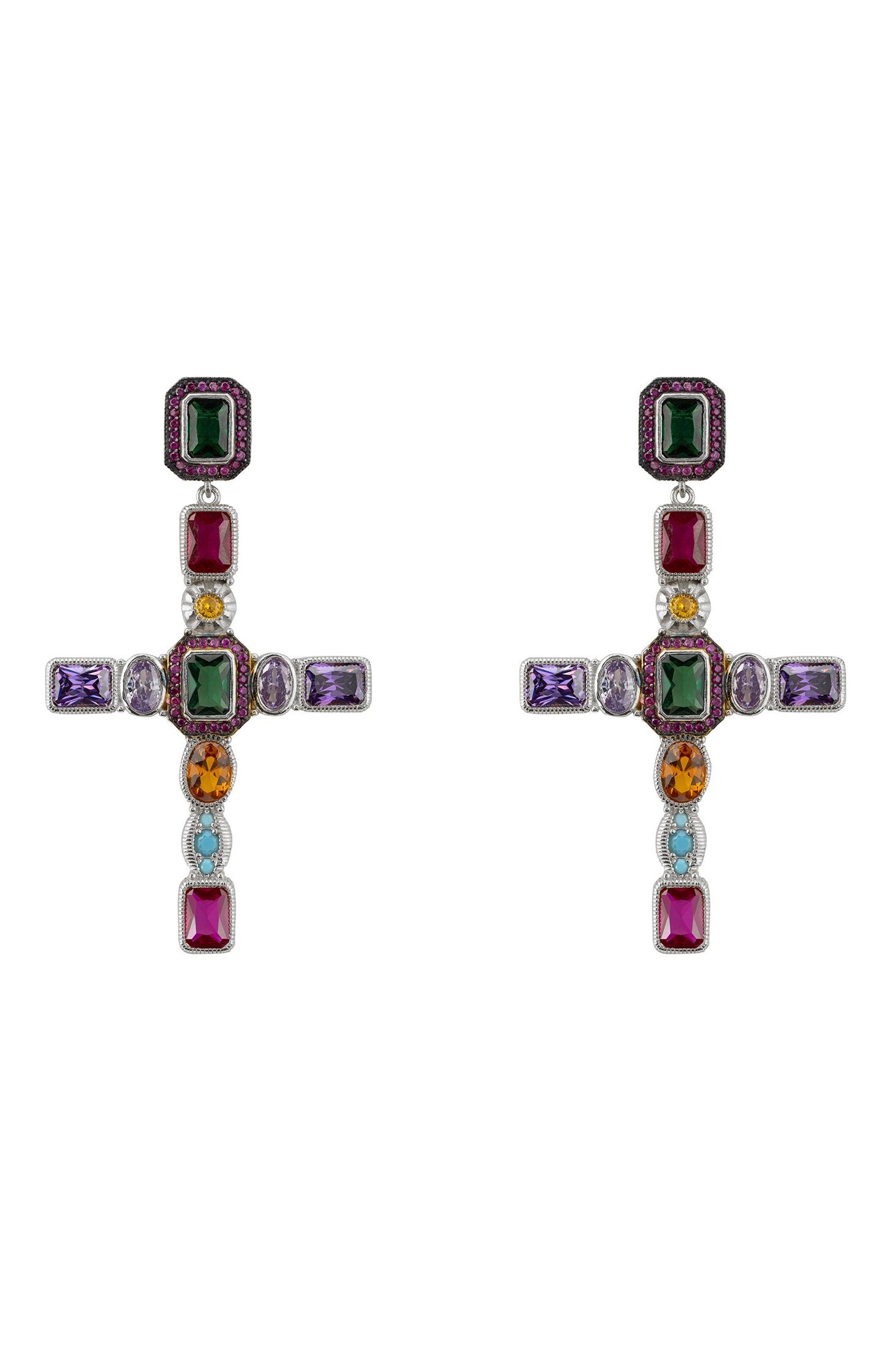 Cross-shaped earrings with multicolored gemstones on a white background