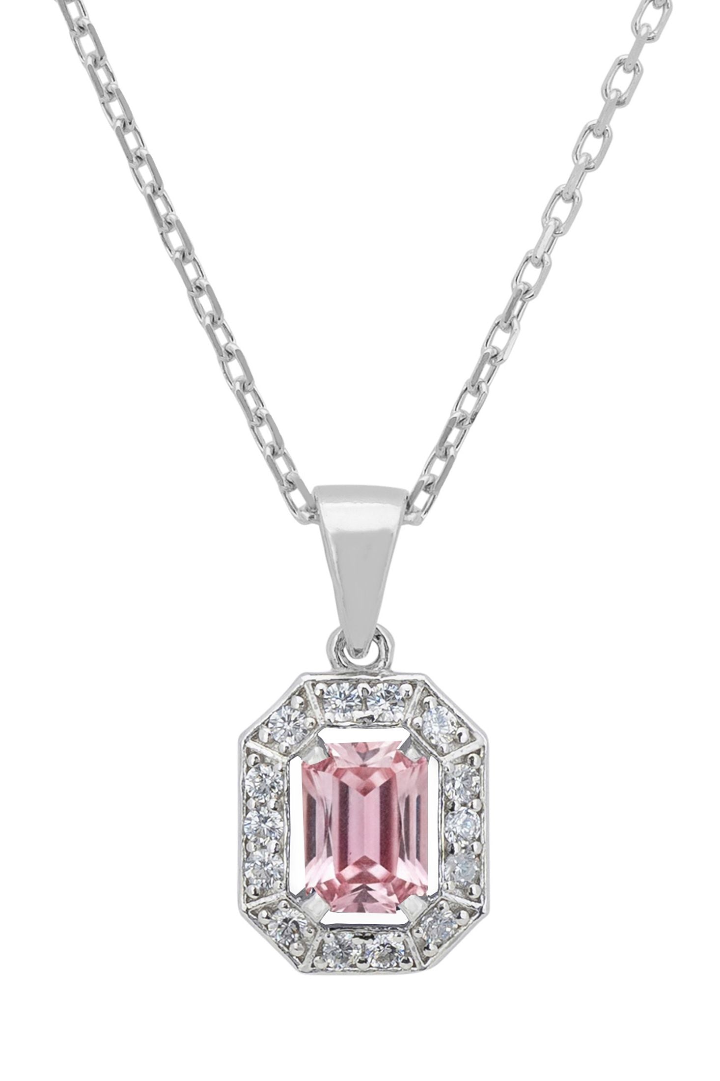 Pink gemstone pendant with silver chain on a white background