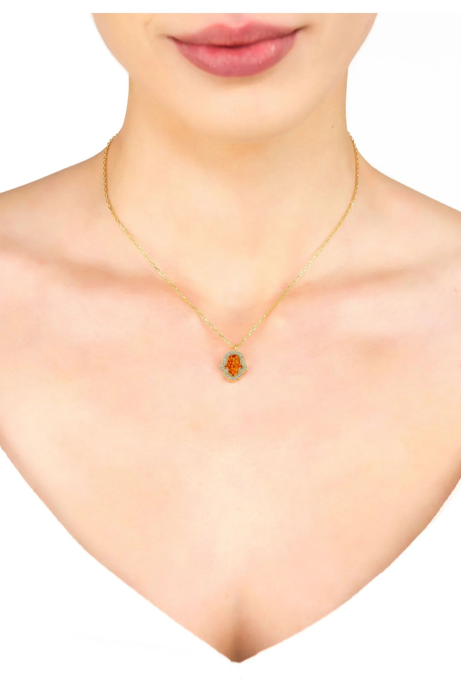 The necklace worn by a model.