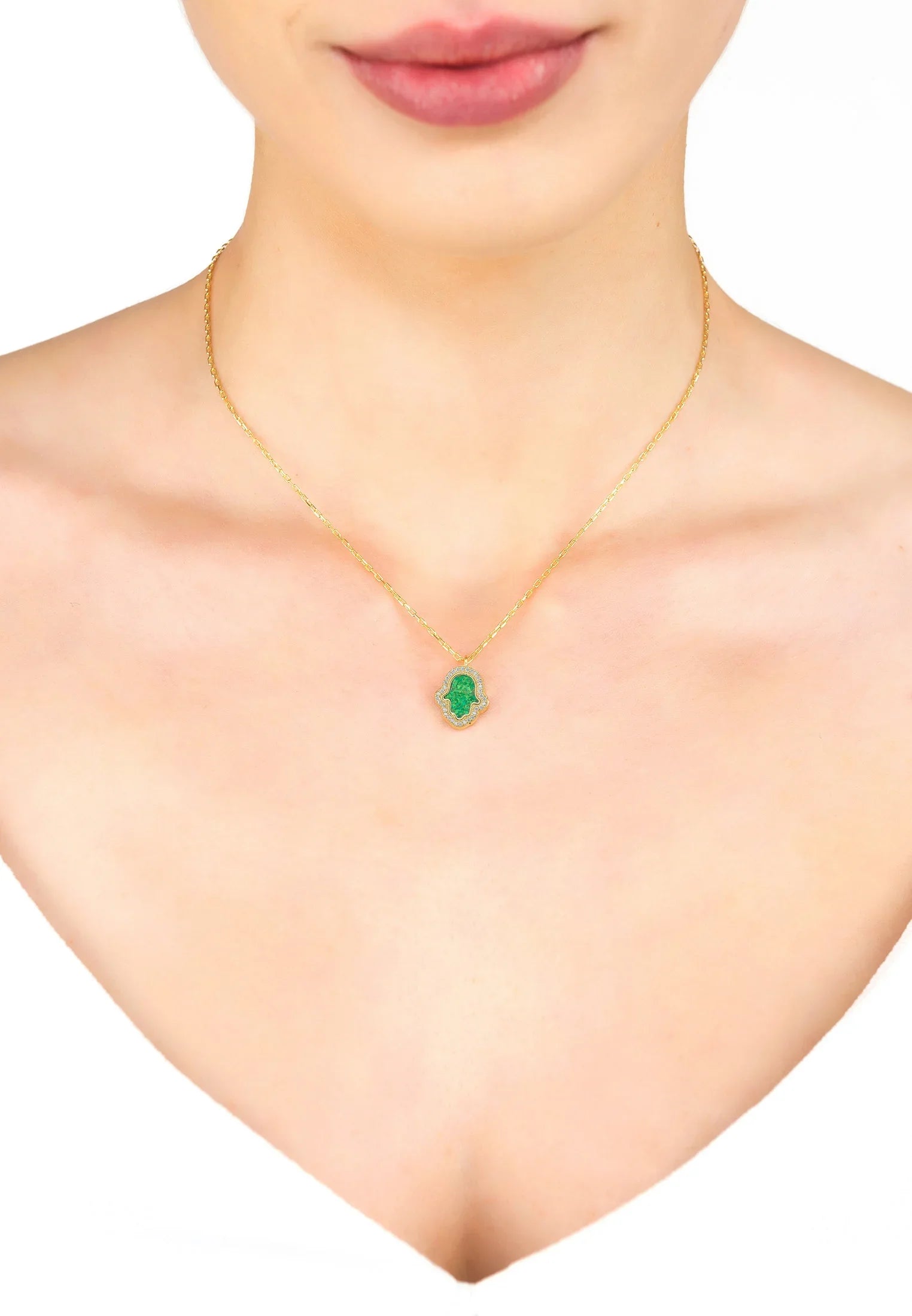 The necklace worn by a model.