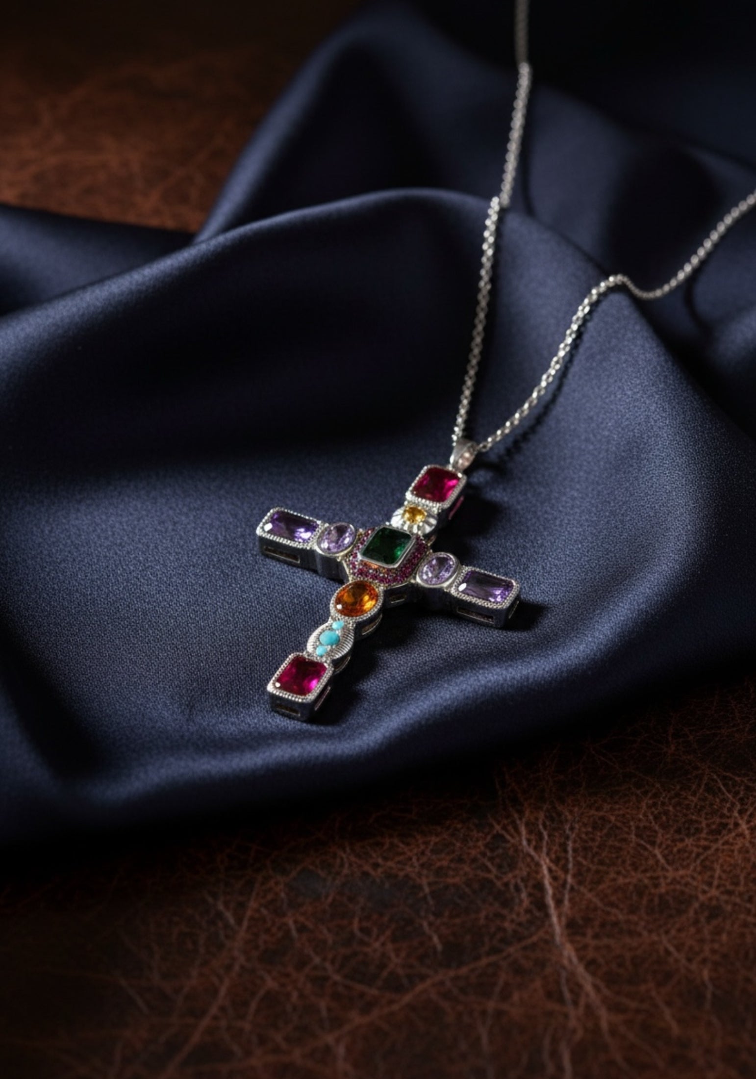 Cross-shaped necklace with colorful gemstones on a dark fabric background
