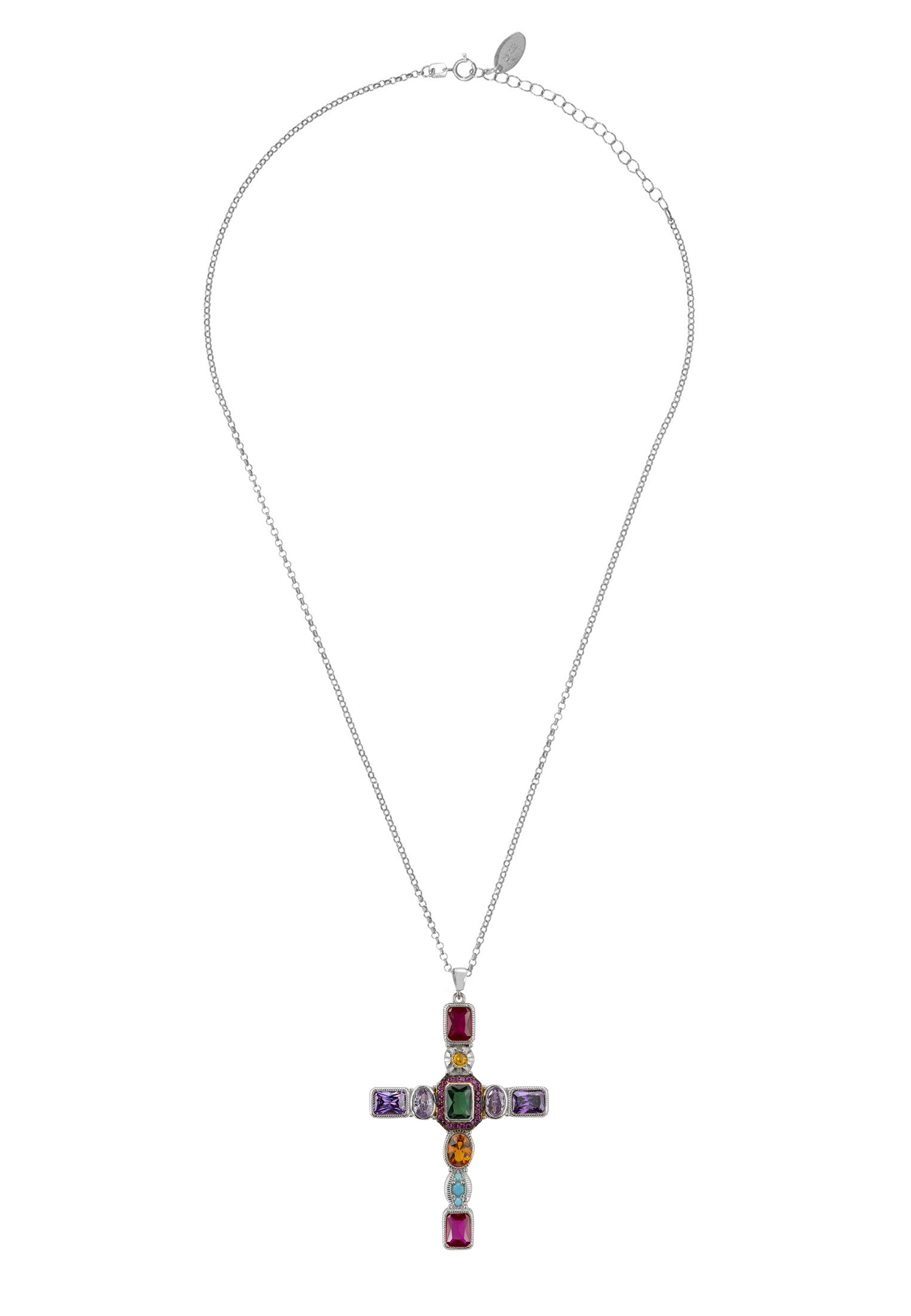 Necklace with a cross pendant featuring multicolored gemstones on a white background