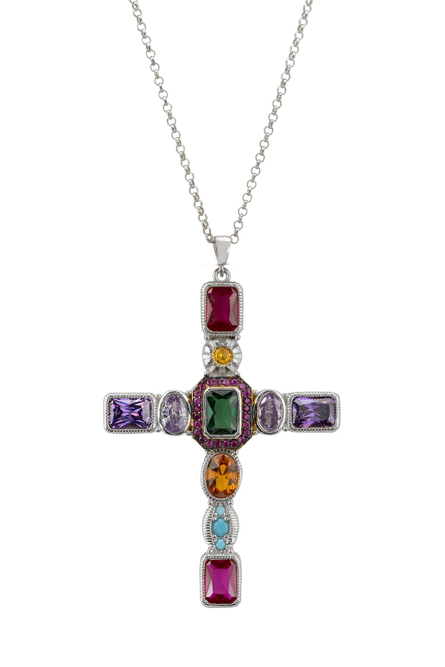 Cross-shaped pendant with colorful gemstones on a white background