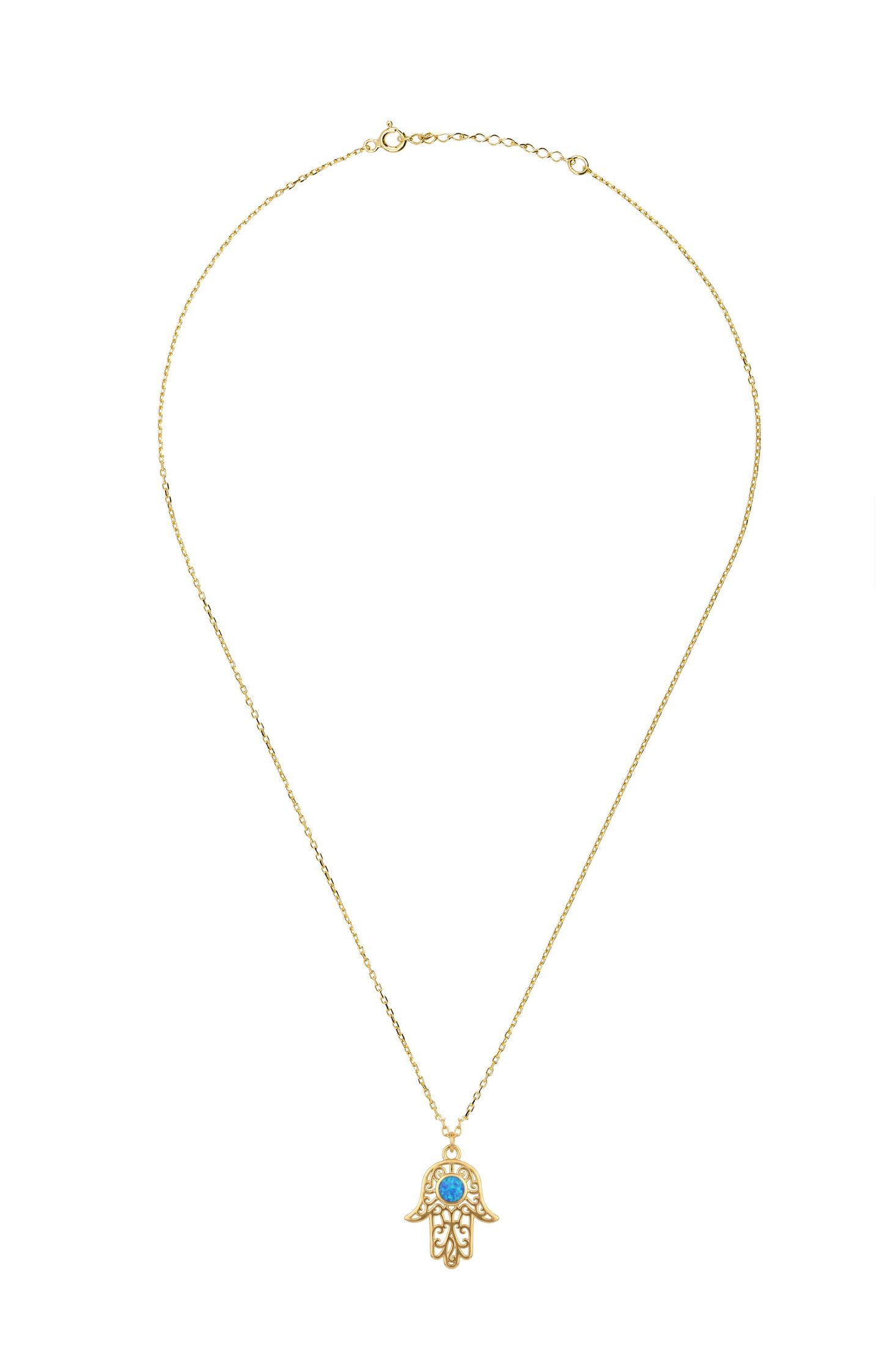 Angled view of Hamsa Hand Filigree Blue Opal Pendant Necklace Gold, showing hamsa hand design, gold finish and the jewellery profile.