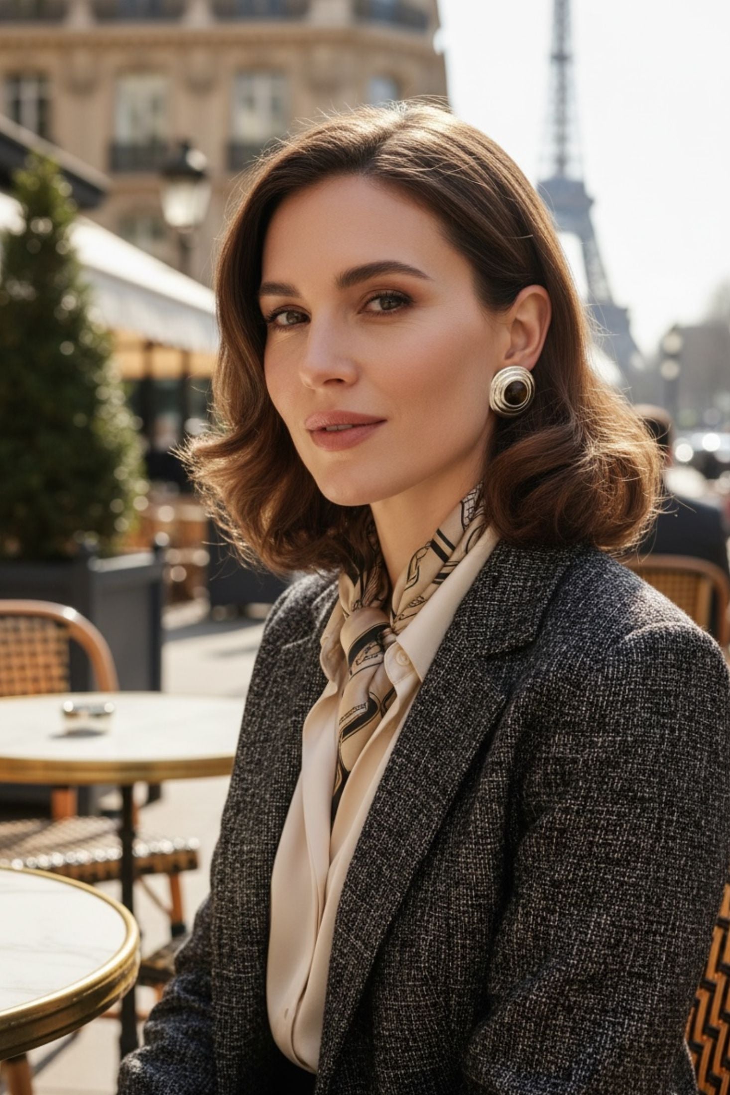 Woman in a tweed jacket with a scarf wearing silver stud earrings with a tigers eye centre