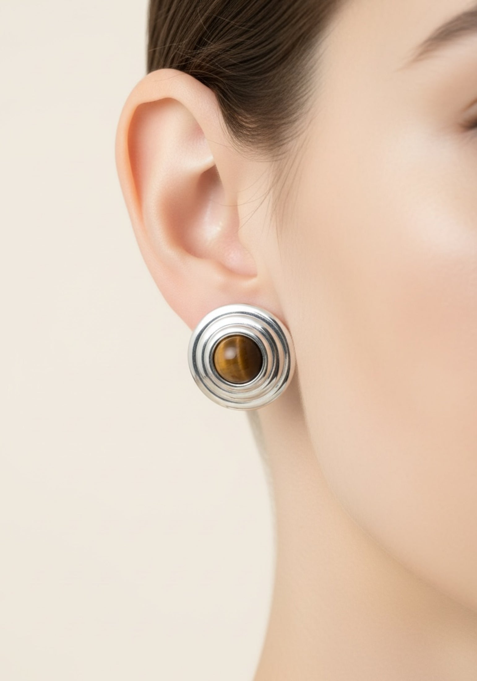Como Large Round Stud Earrings Tigers Eye Silver
