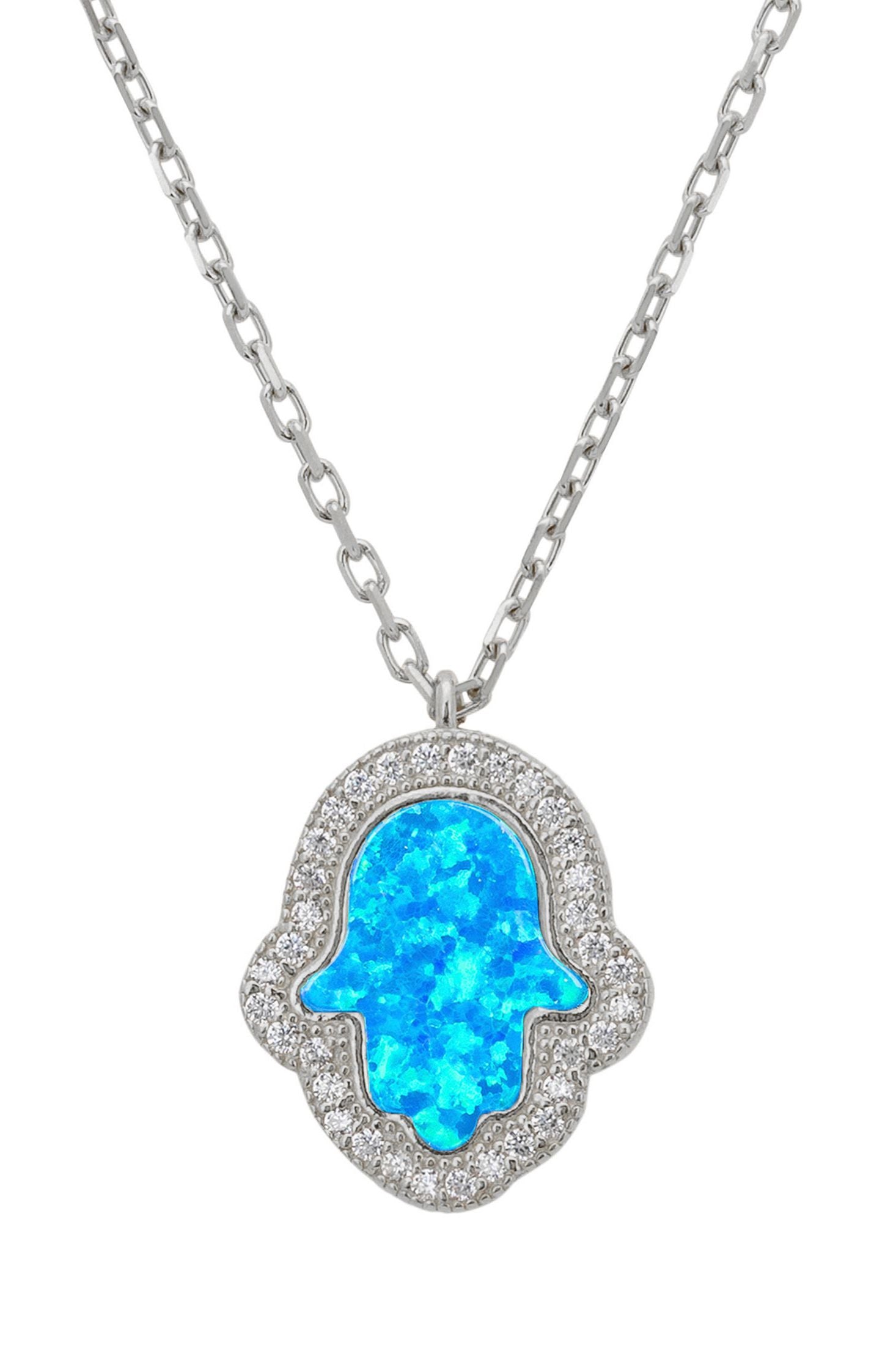 Necklace with a blue opal Hamsa pendant on a white background