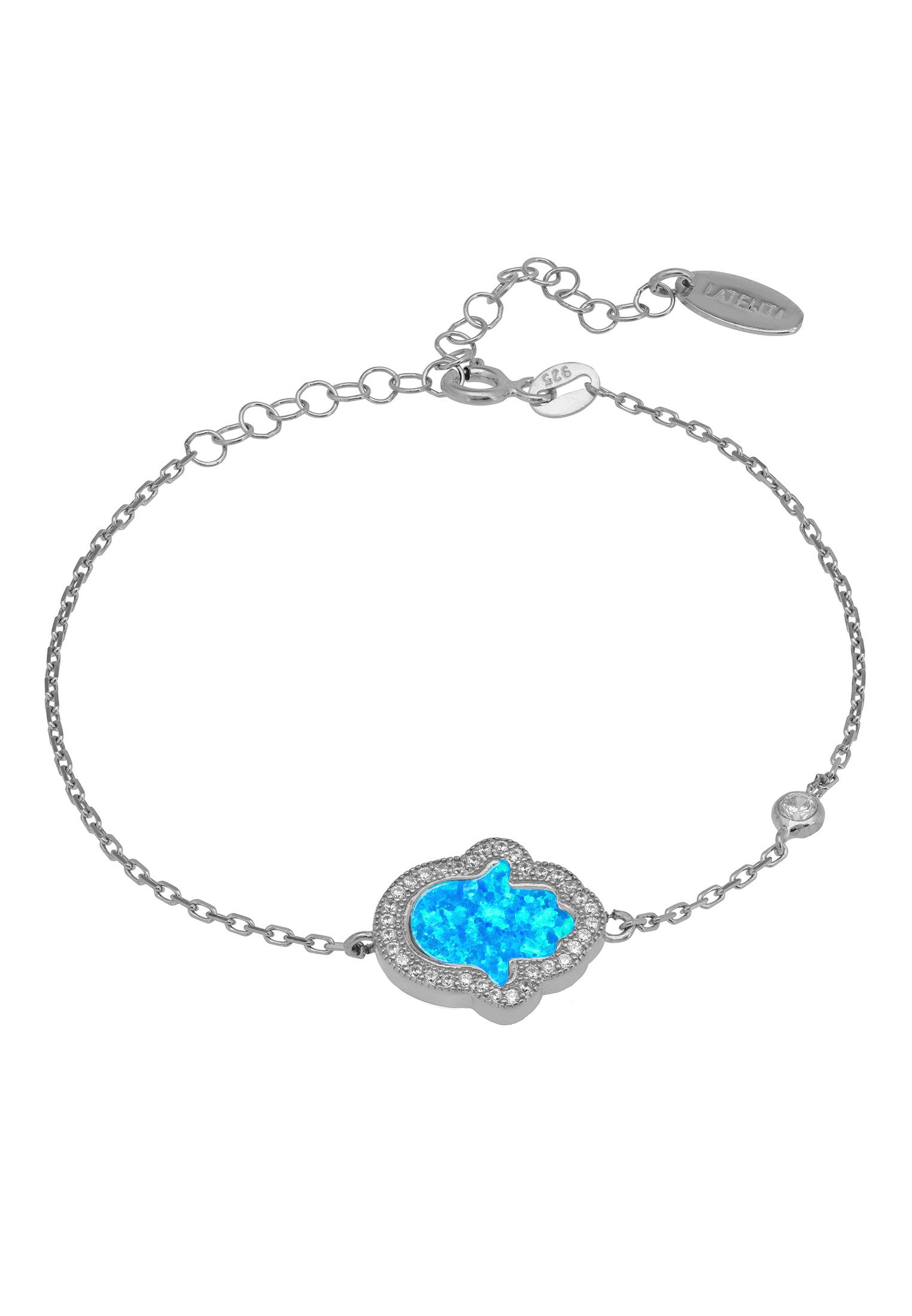 Silver bracelet with a blue heart-shaped gem on a white background