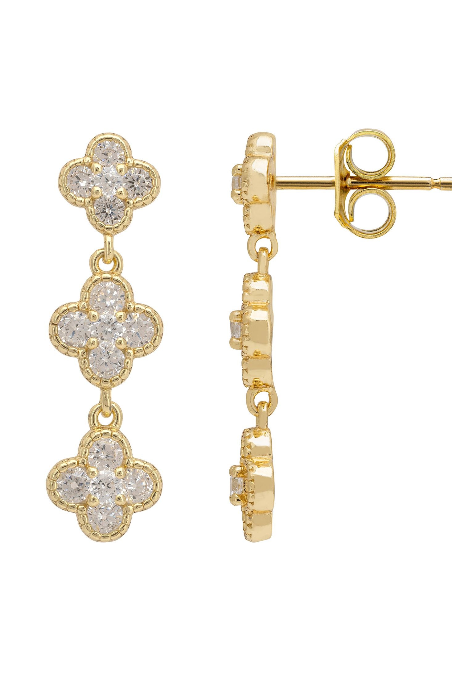 Gold earrings with diamond accents on a white background