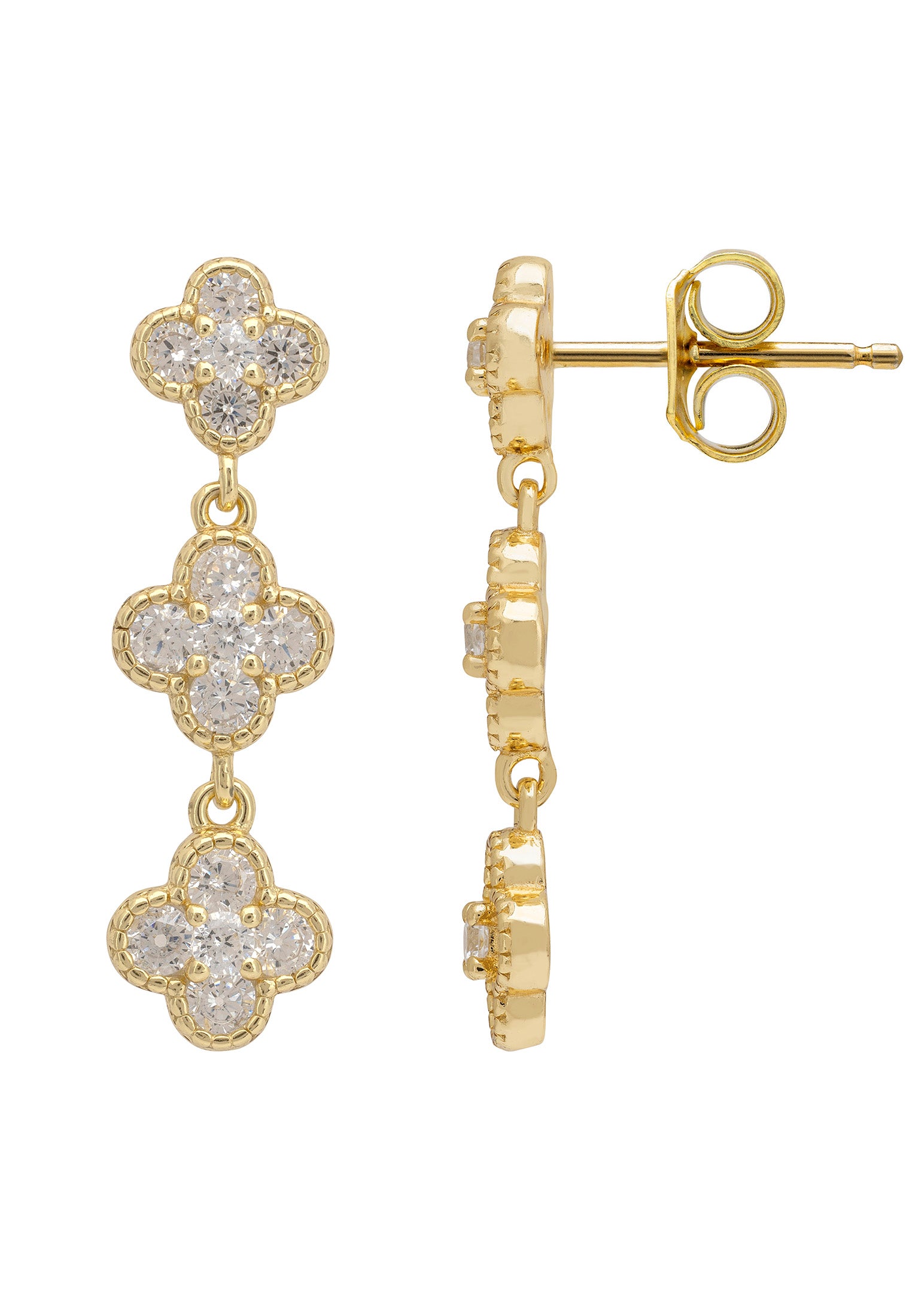 Gold earrings with diamond accents on a white background