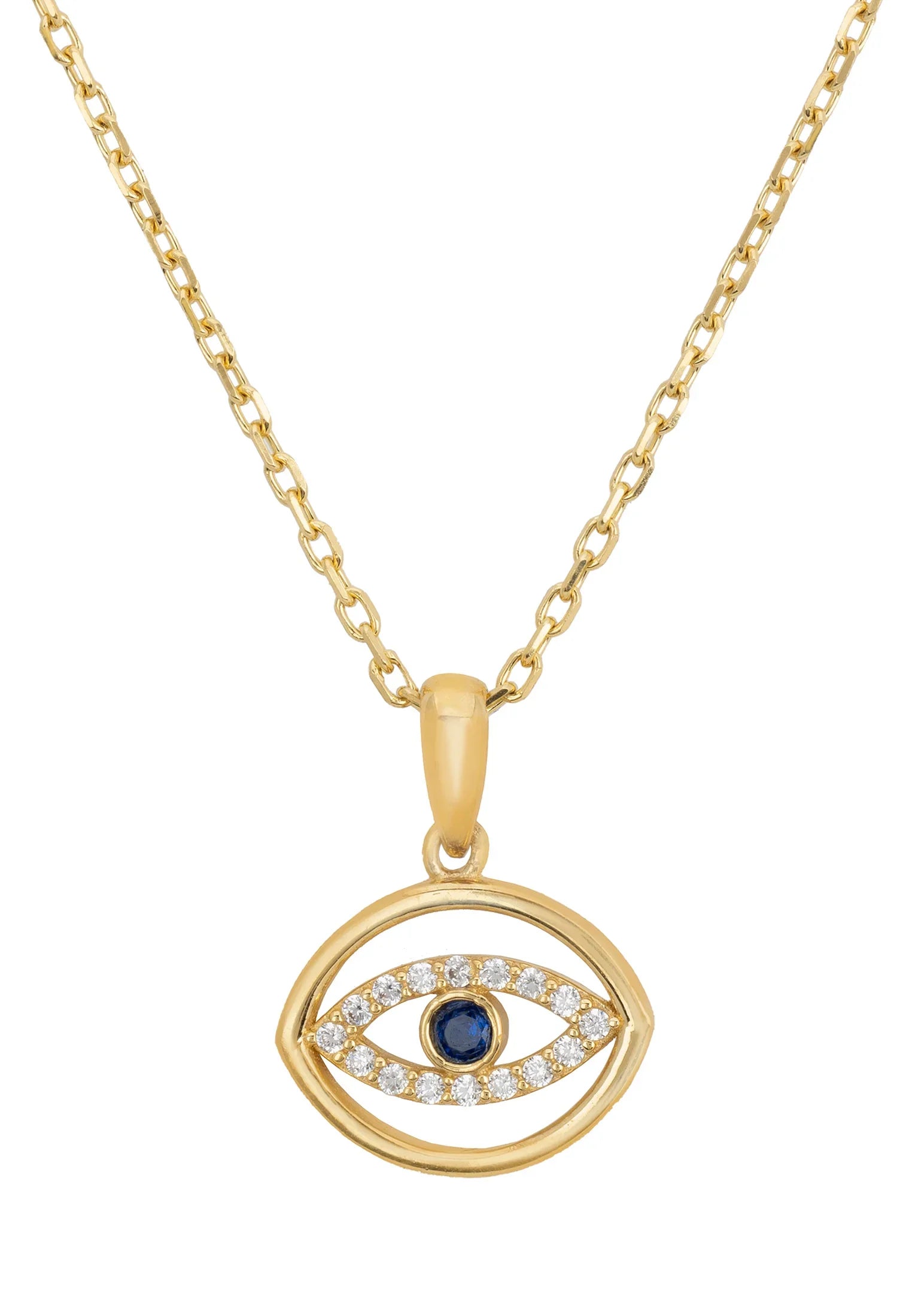 Close-up of the elliptical gold evil eye pendant.