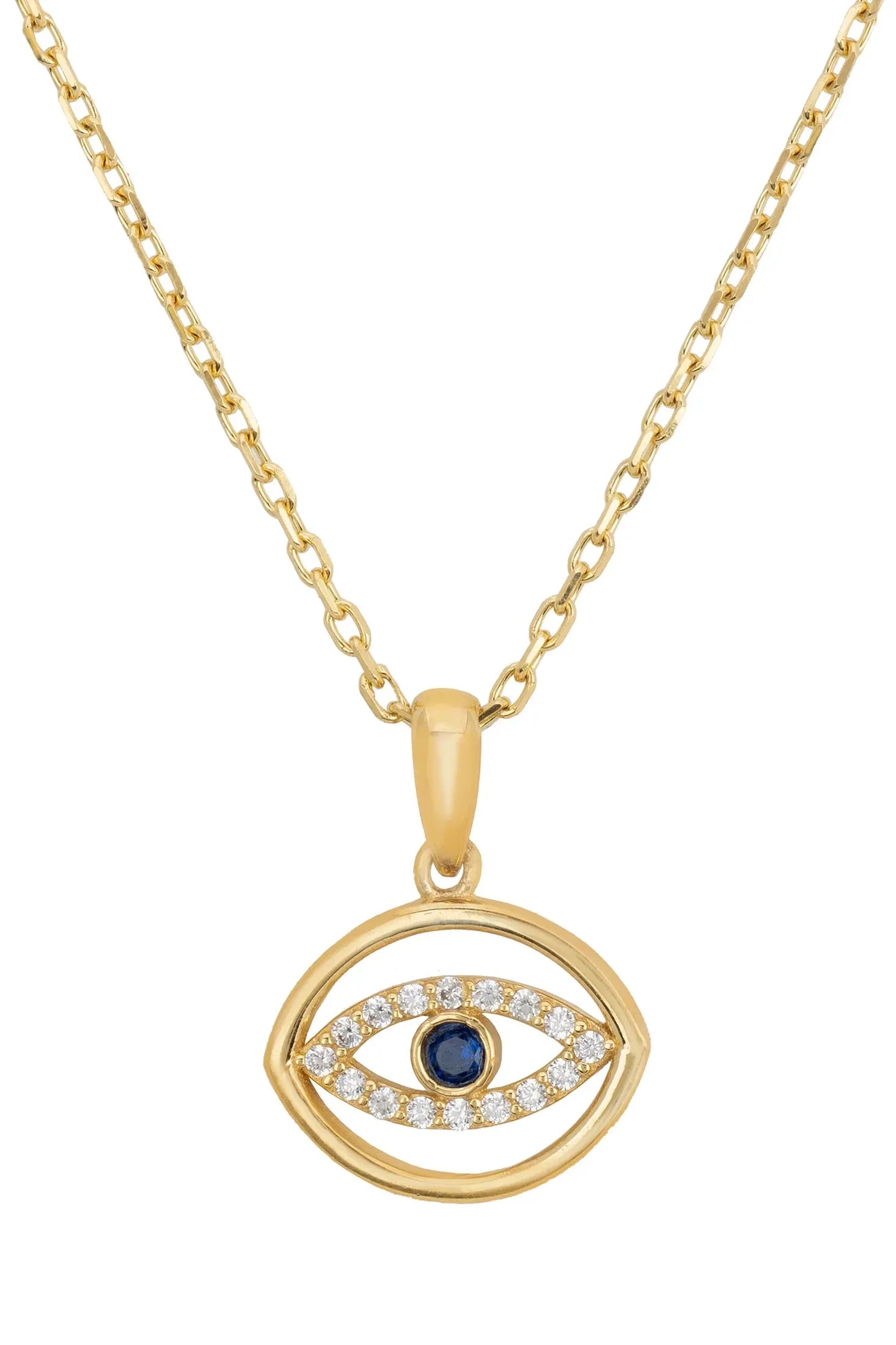 Close-up of the elliptical gold evil eye pendant.