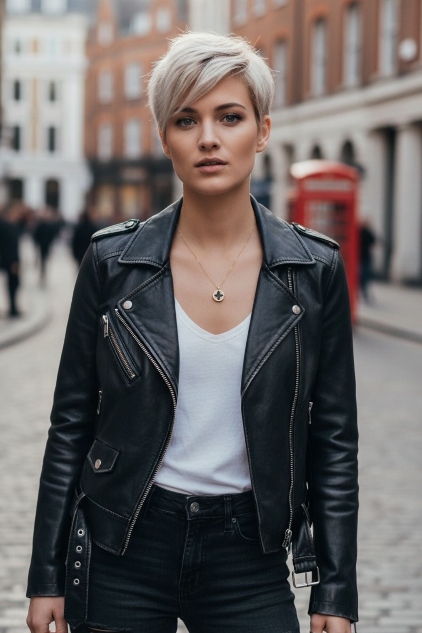 Woman wearing a black leather jacket on a city street with a gold and b ack clover pendant necklace