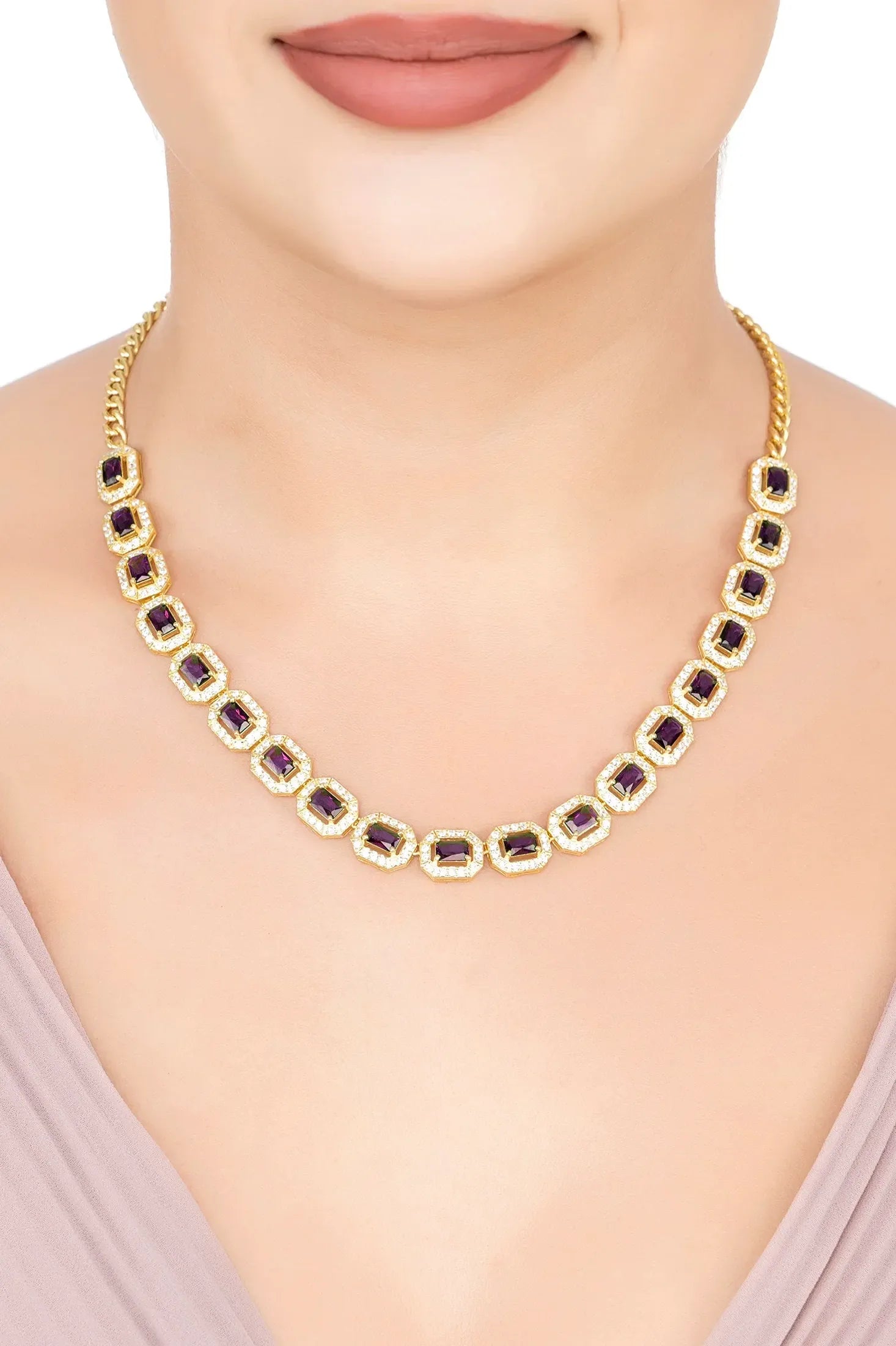 The necklace worn by a model.