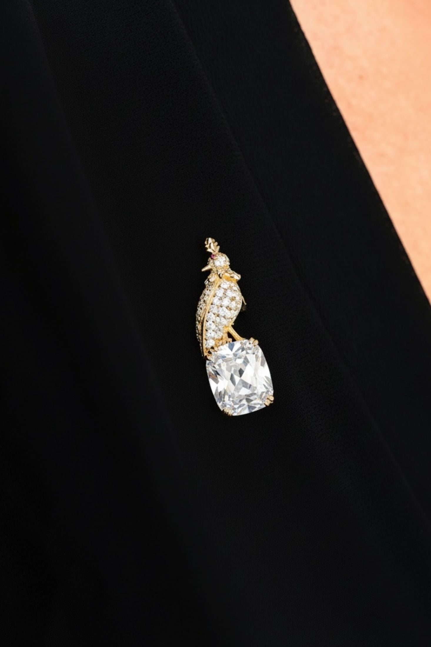 Gold and diamond brooch on a black top