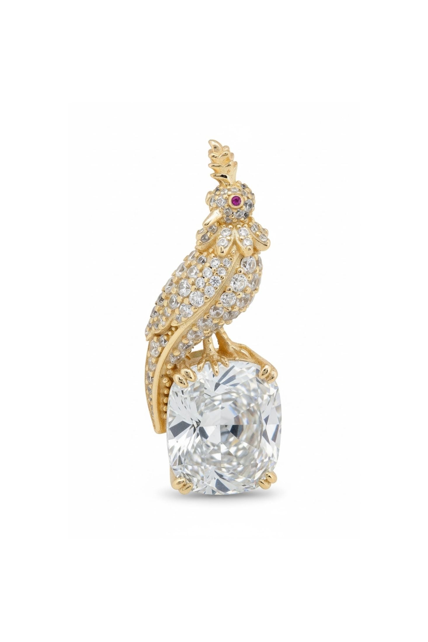Gold parrot-shaped earring with a large clear gemstone on a white background