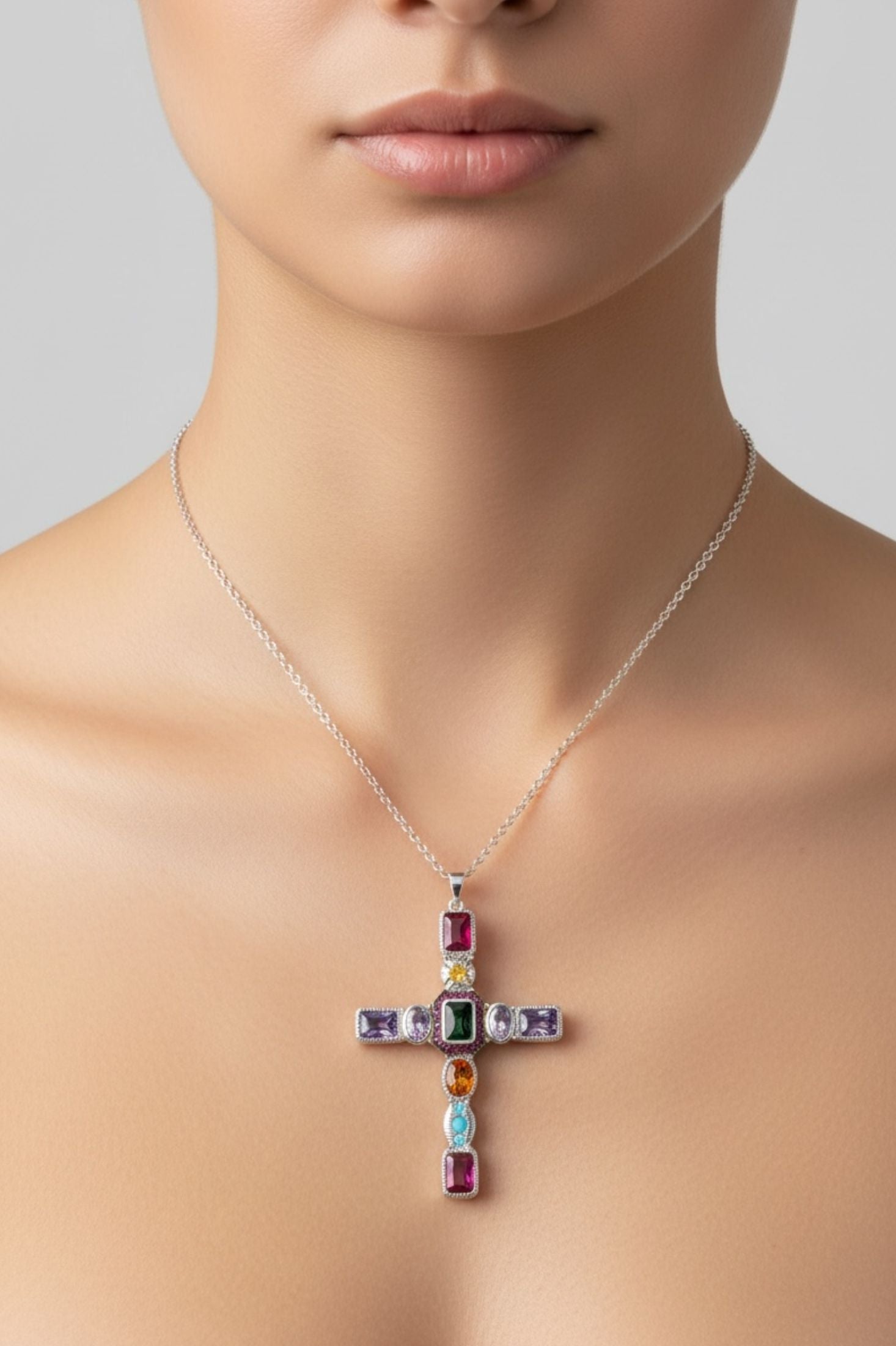 Necklace with a colorful pendant on a neutral background