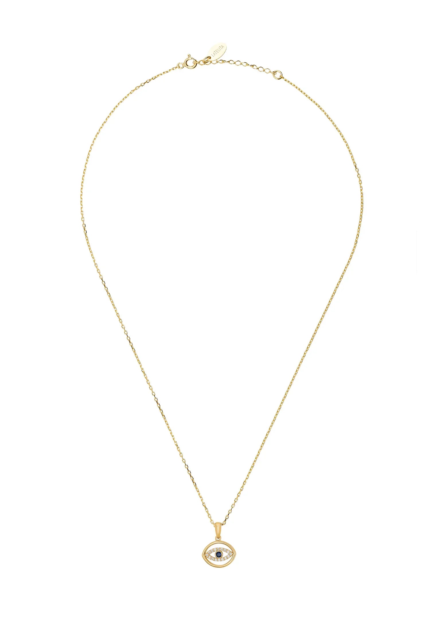 Elliptical gold evil eye necklace.
