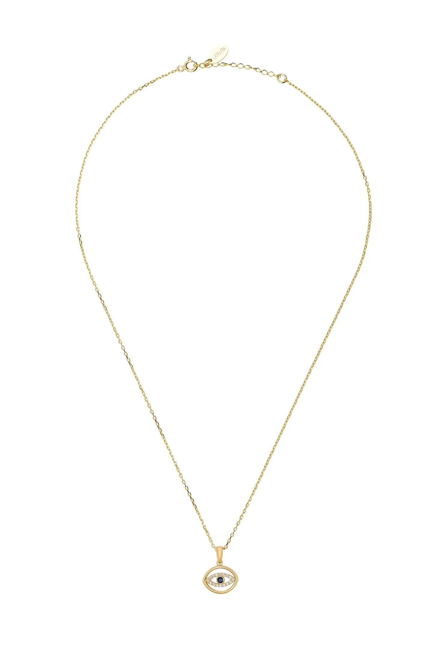 Elliptical gold evil eye necklace.